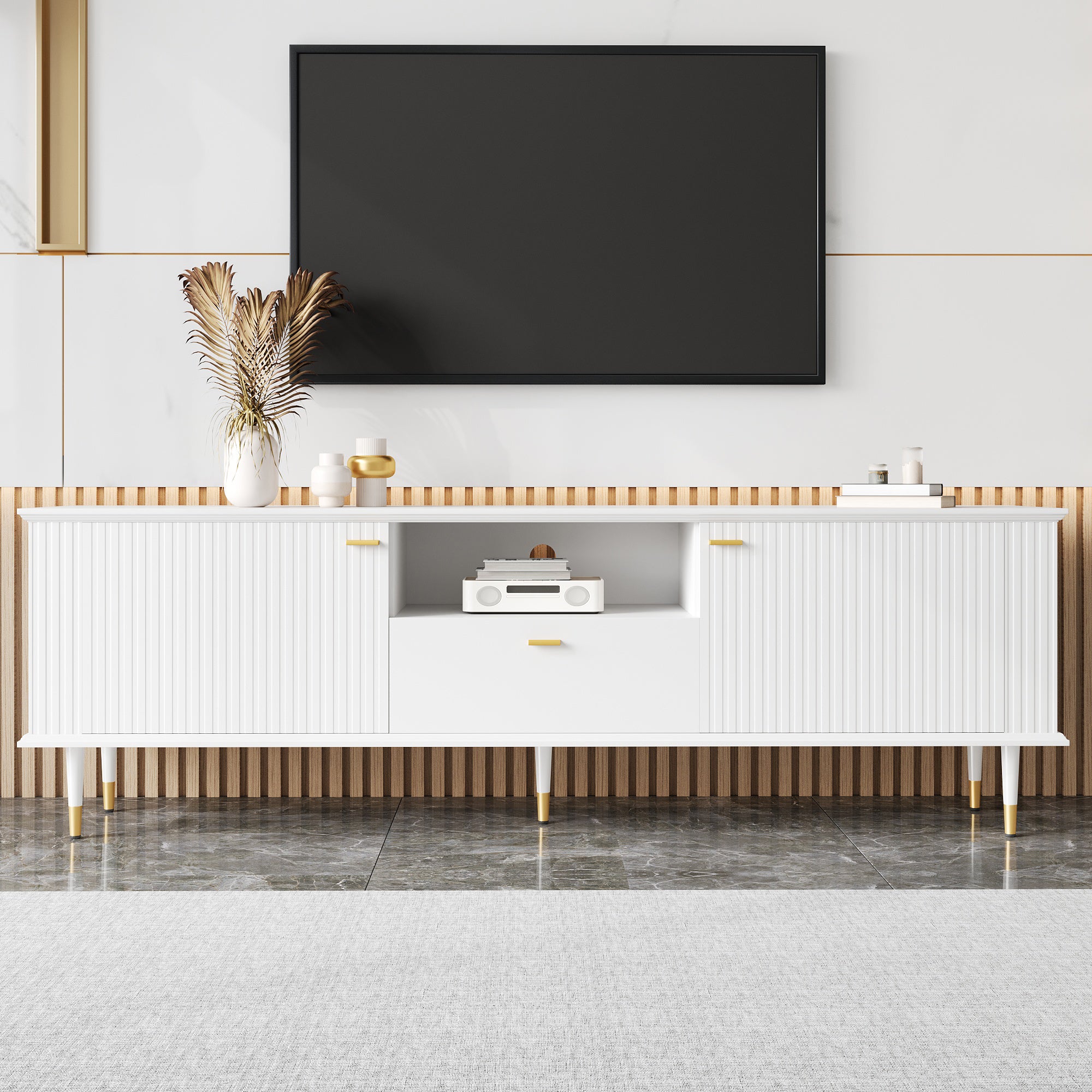 TV Cabinet with Open Compartments, Drawers, Soft-Close Hinges, Lacquered Textured Surface