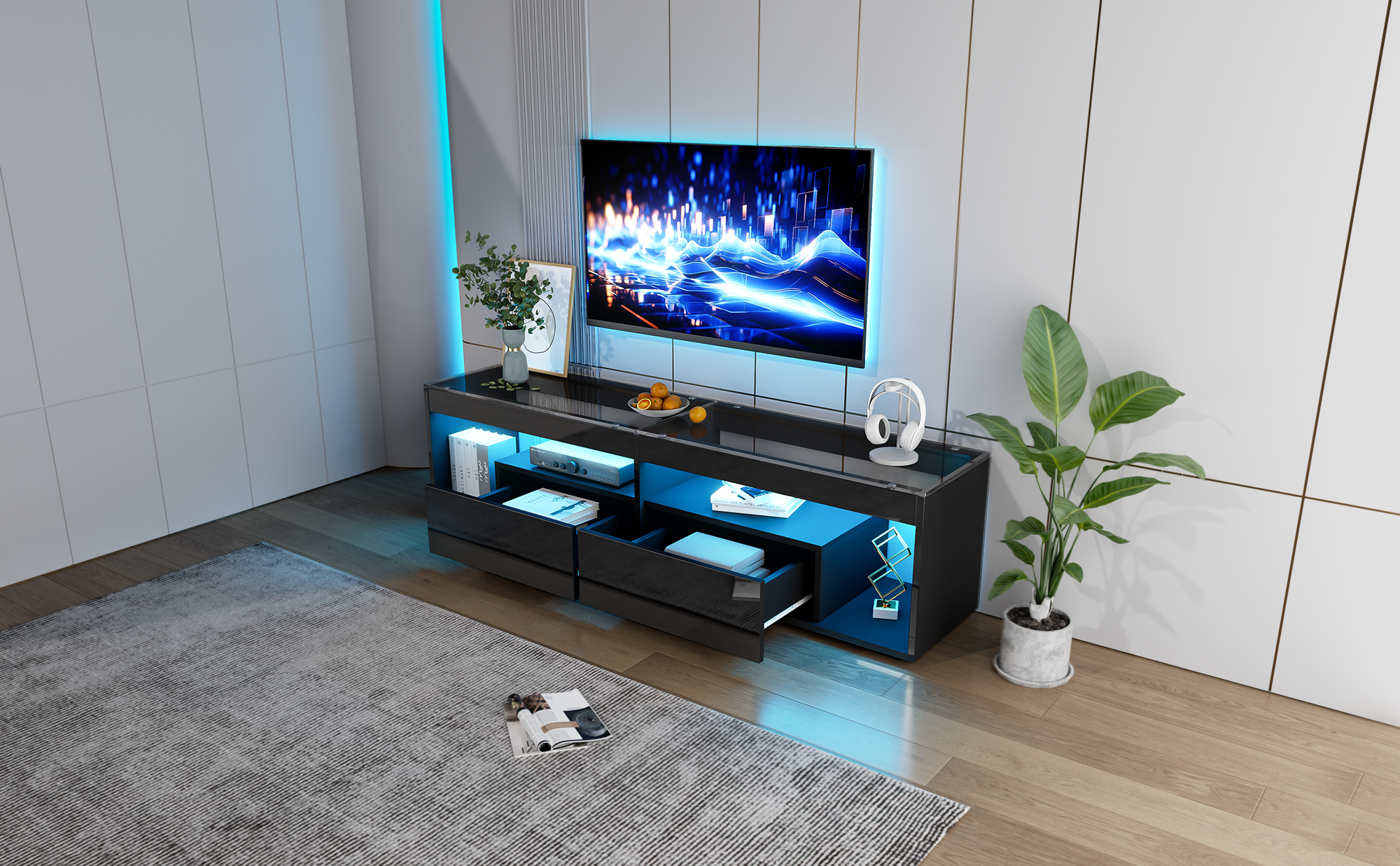 TV Cabinet, LED High-Gloss 70-inch with 2 Drawers, Black