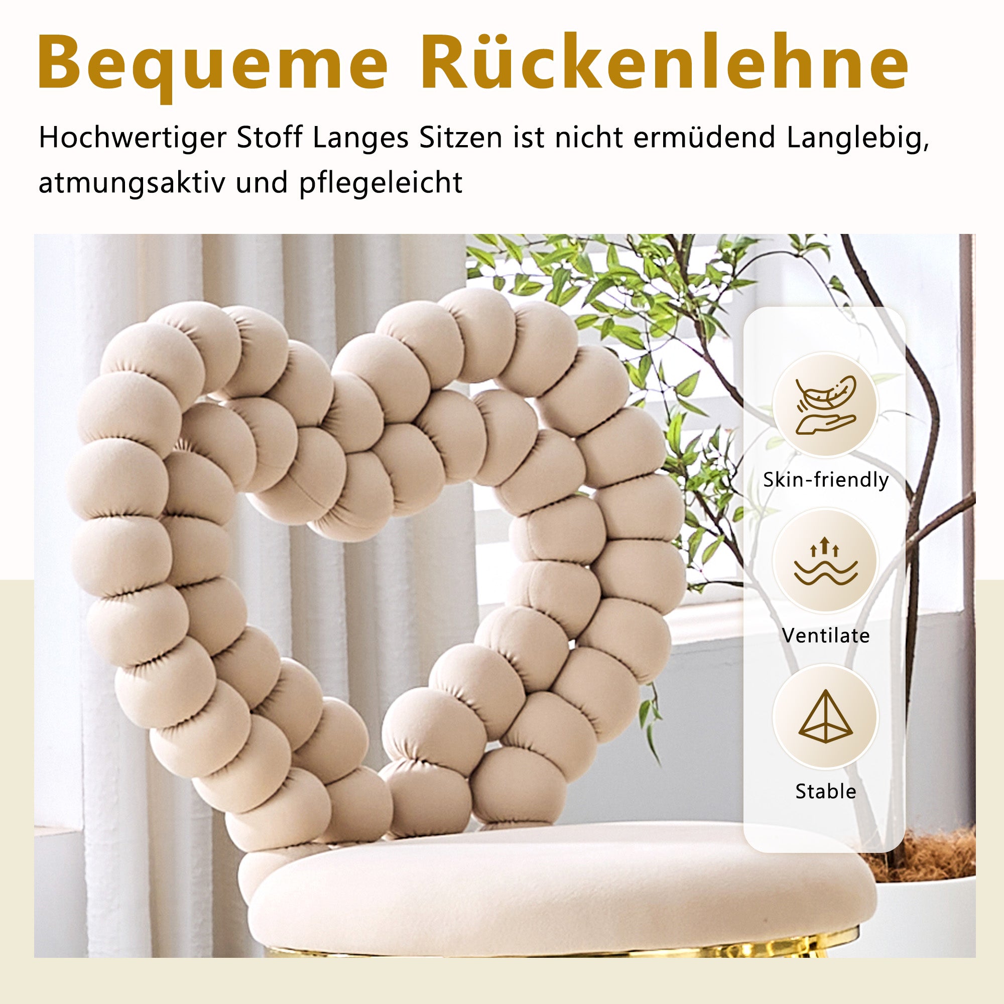 Dining Chairs (Set of 2), Heart-Shaped Cutout Backrest, Gold-Plated Legs, Light Beige Velvet