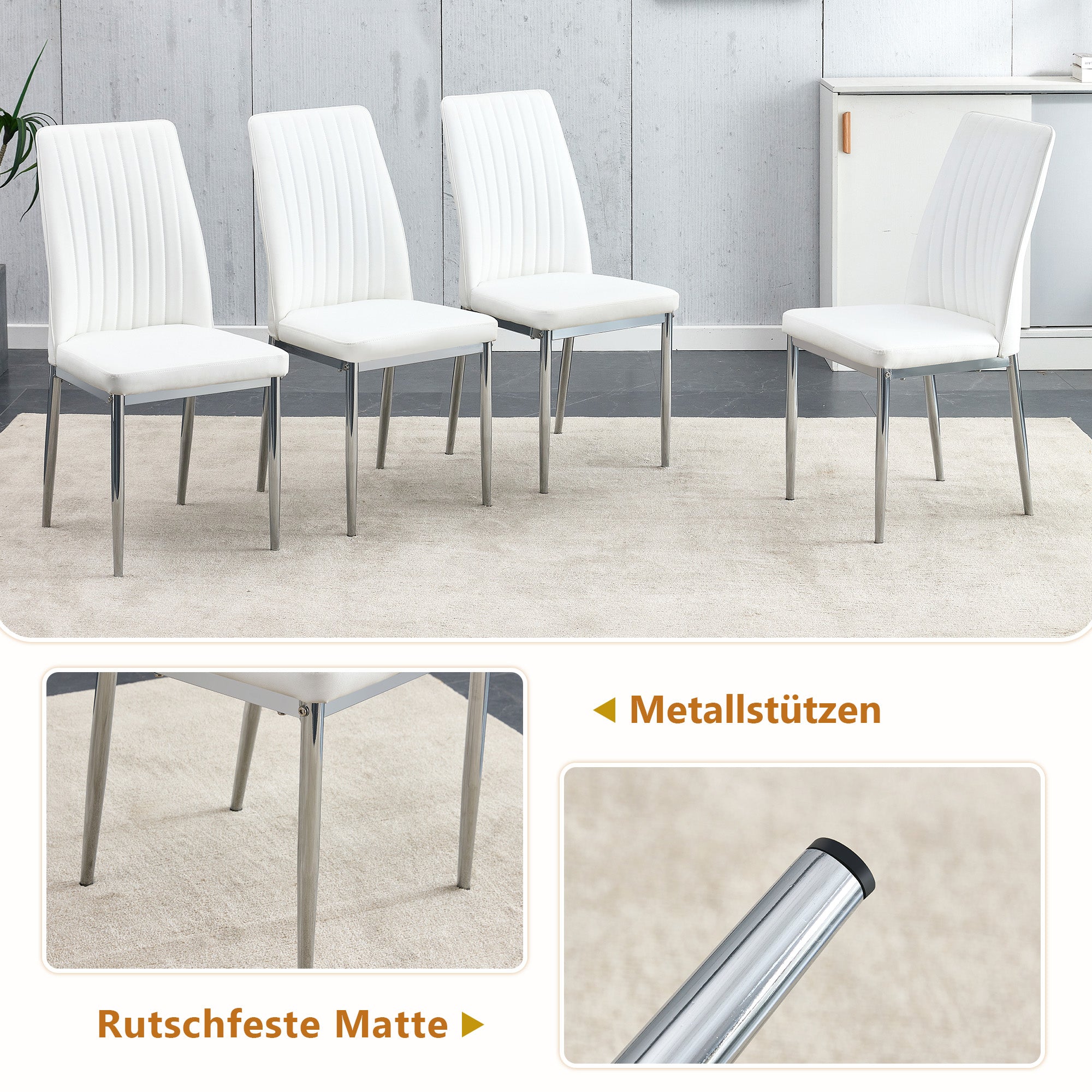 Table Set, Rectangular Dining Table with Storage Shelf and 4 Armchairs, White Faux Leather