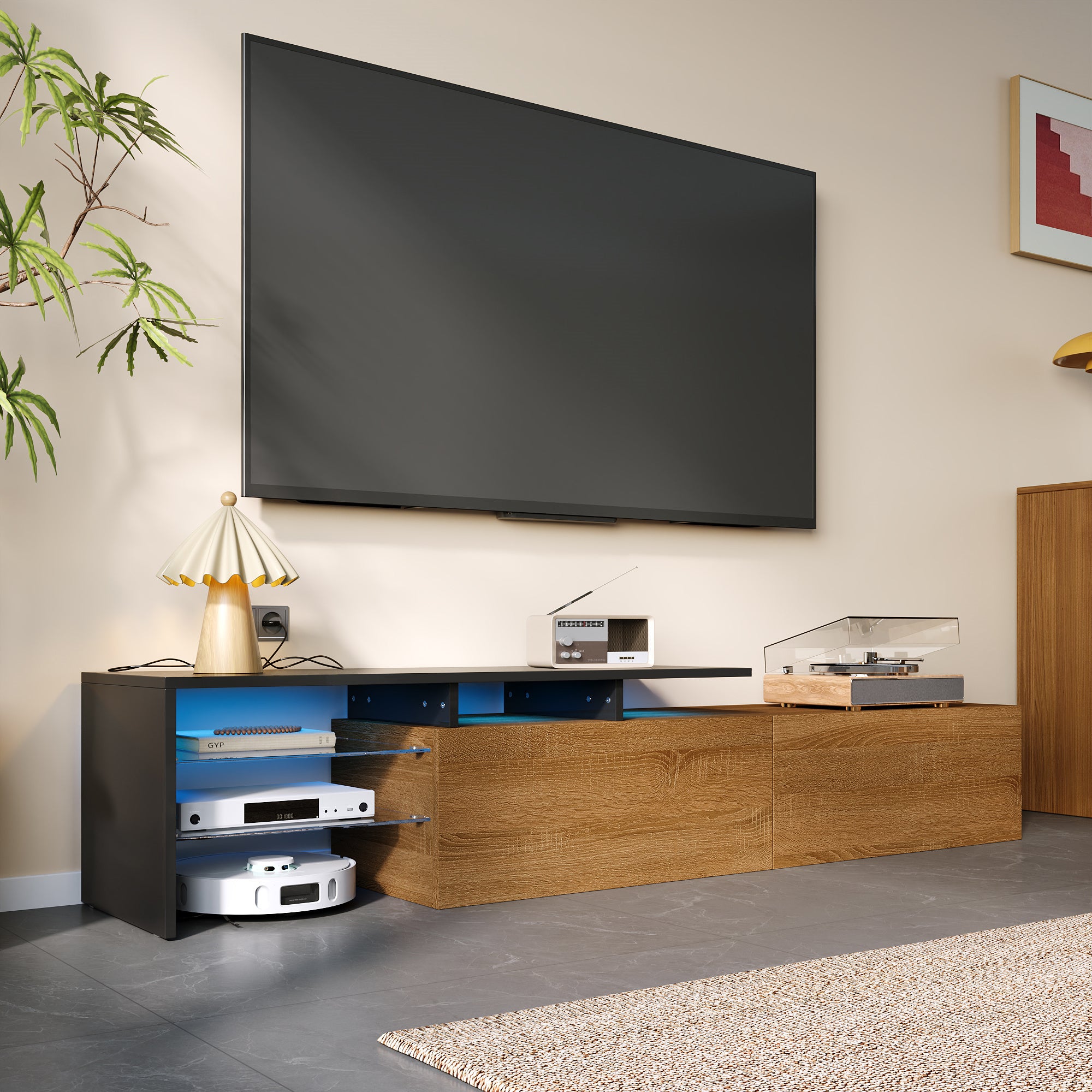 Modern TV Cabinet: Stylish, Elegant, Practical Storage with Glass Shelves, LED Lighting - Black and Wood Look