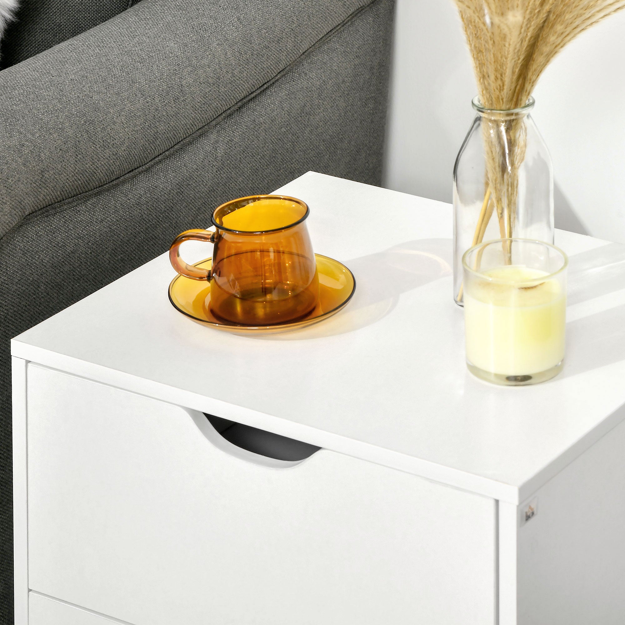 Bedside Table with 2 Drawers, Pine Wood Legs, White