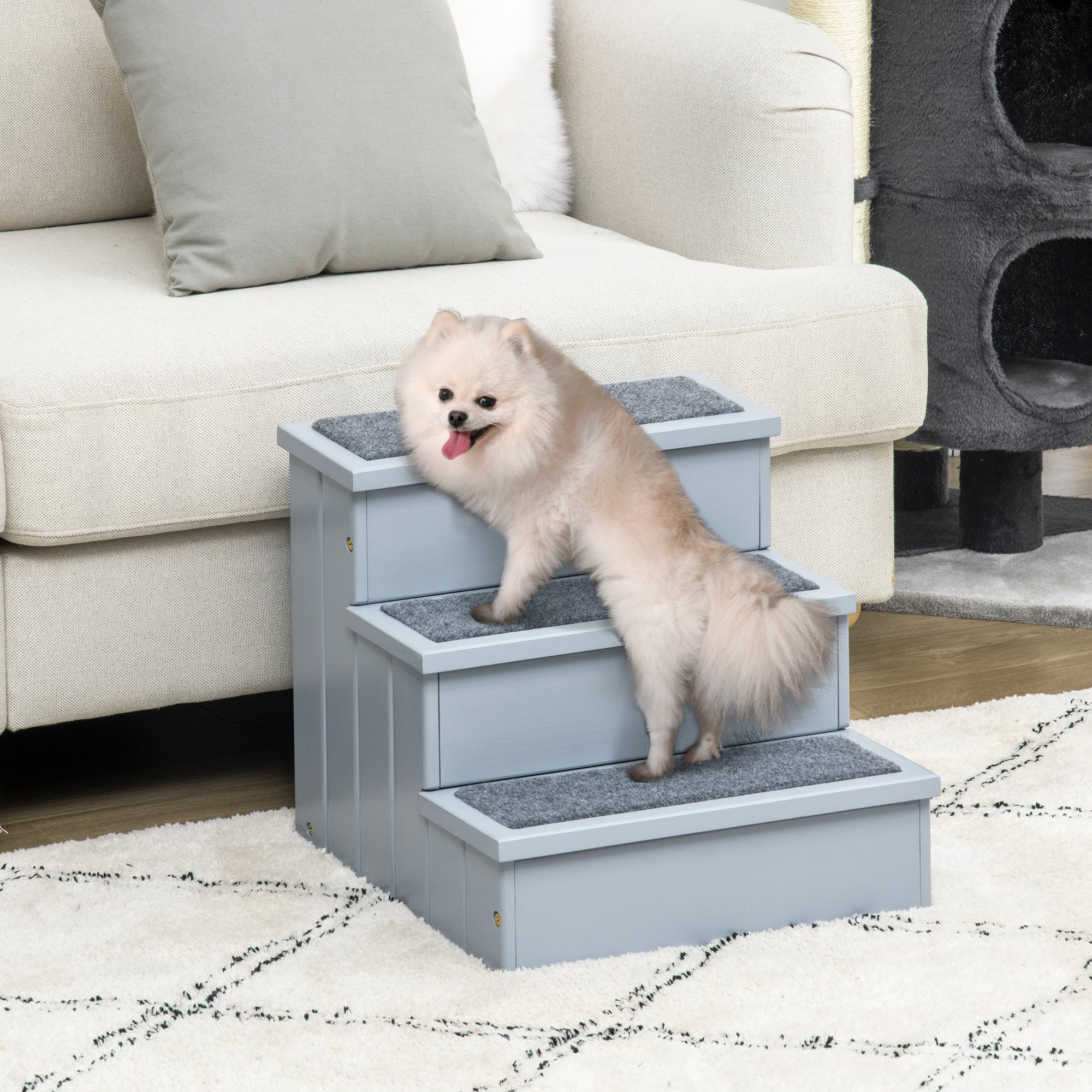 Pet Stairs Dog Stairs 3 Steps Carpet Storage, Grey