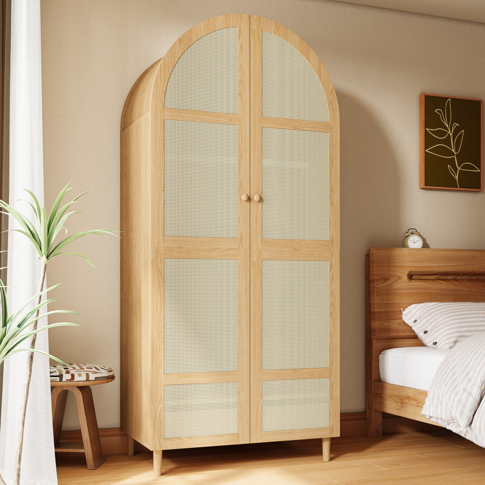 Modern Wardrobe with Curved Doors, Clothes Rail & Drawers, Natural Wood