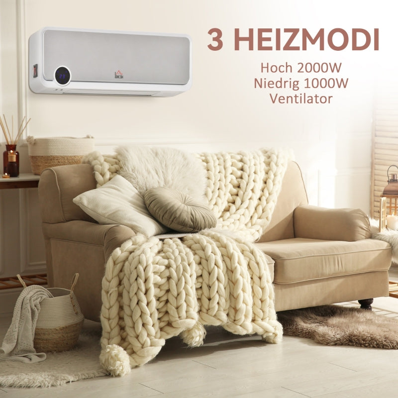 Wall-Mounted Fan Heater, 2000W with Remote Control, LED Display, 12h Timer