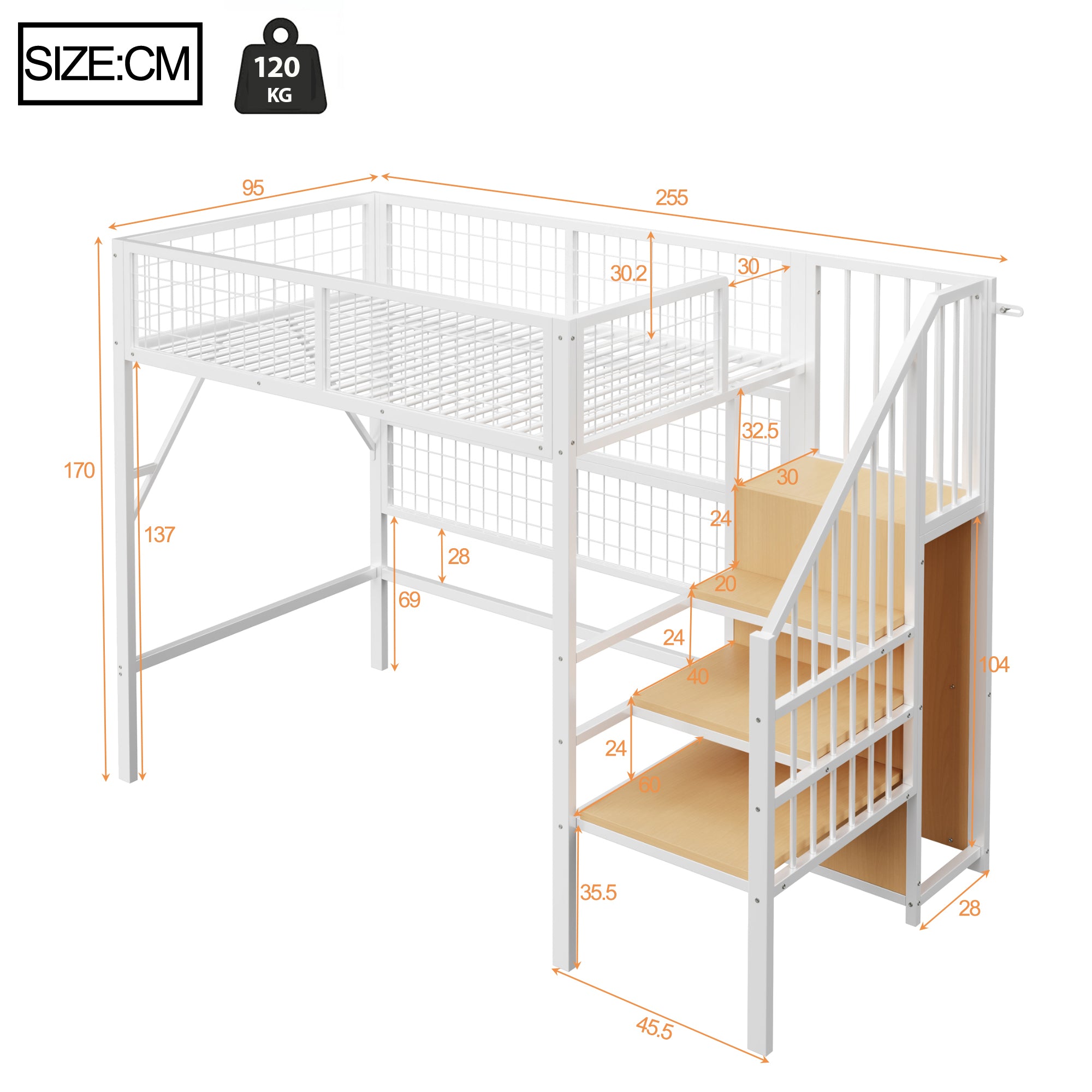 Iron Loft Bed, 90x200 with LED, Storage Stairs, Open Wardrobe, Black and White Metal