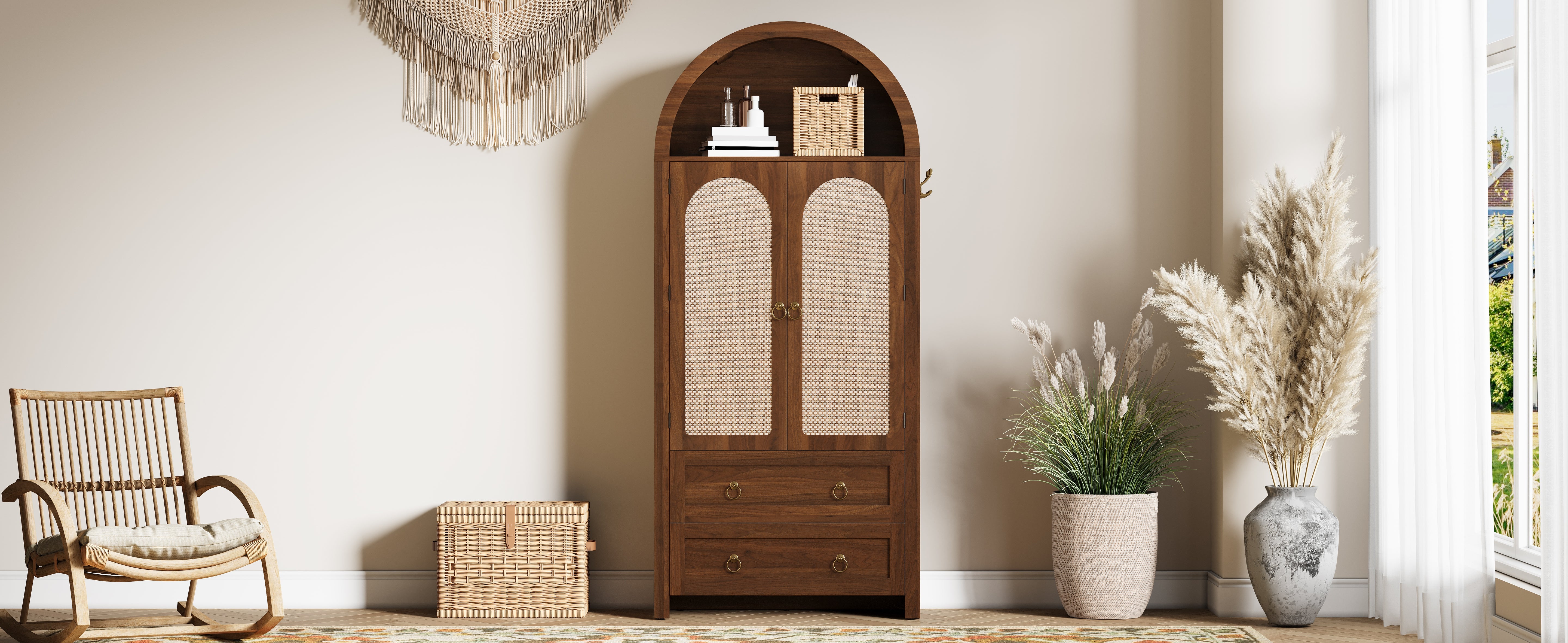 Sideboard Wickerwork Arch Style Double Drawers Storage Vintage