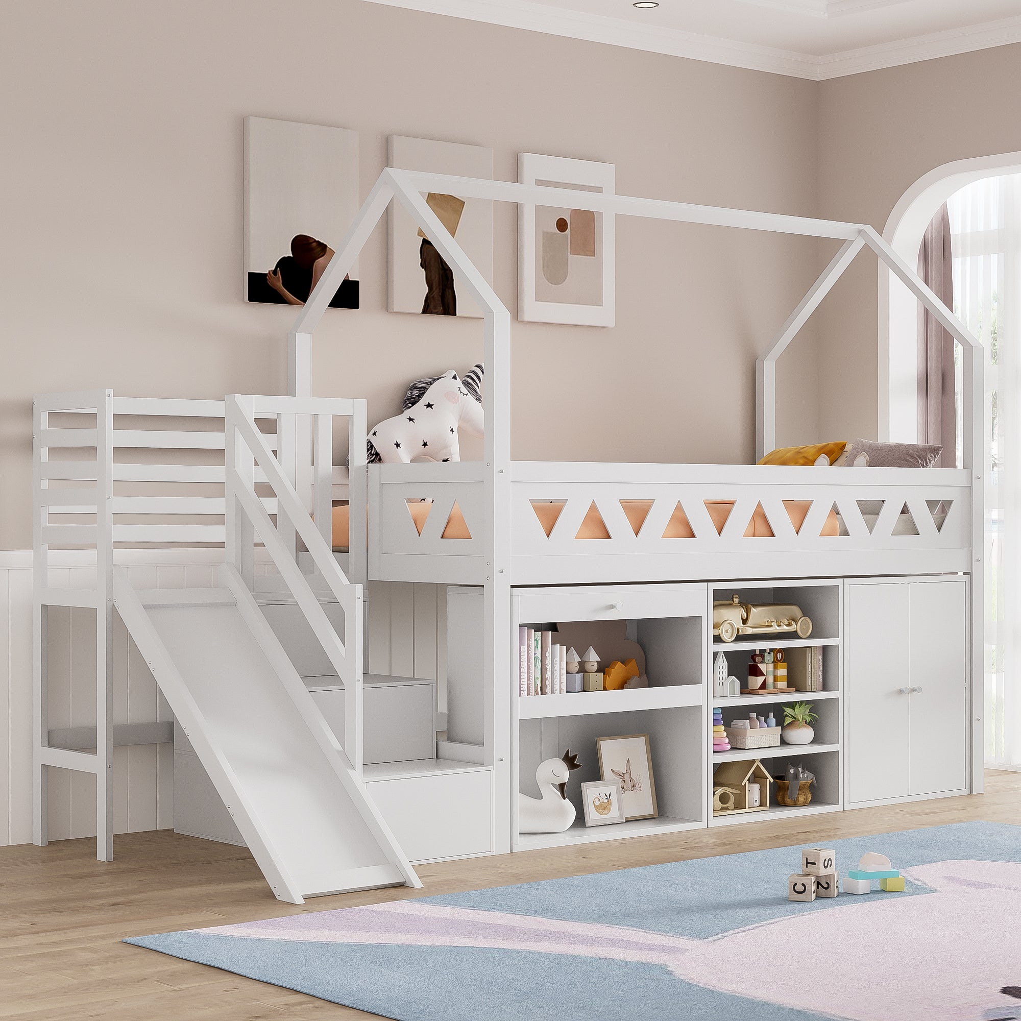 Children's Single Bed - Multifunctional Solid Wood Bed Frame with Slide, Stairs, Storage Drawers, and Magnetic Locker Door - White