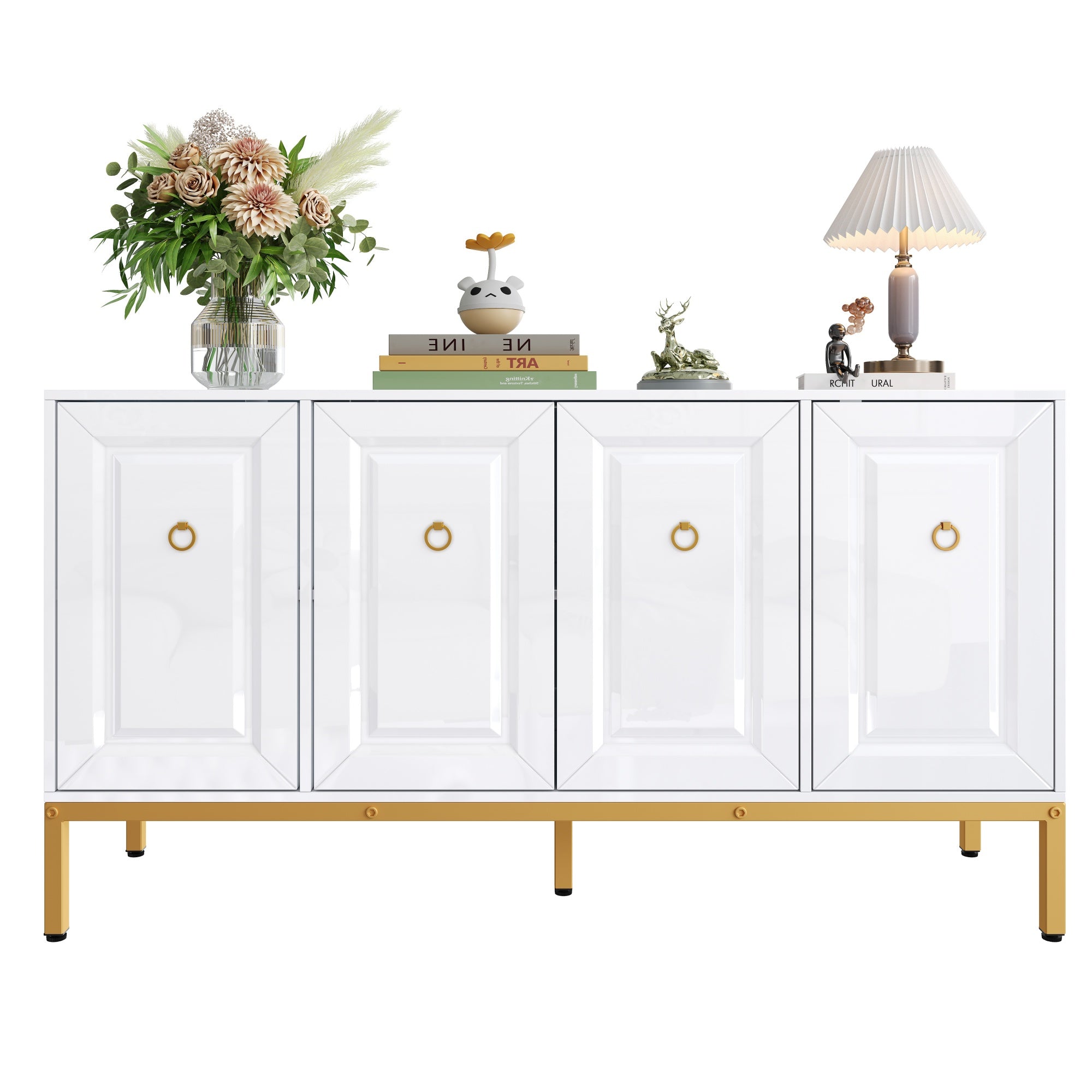 Sideboard, High-Gloss Storage Unit with Shelves, Gold Handles and Legs, White