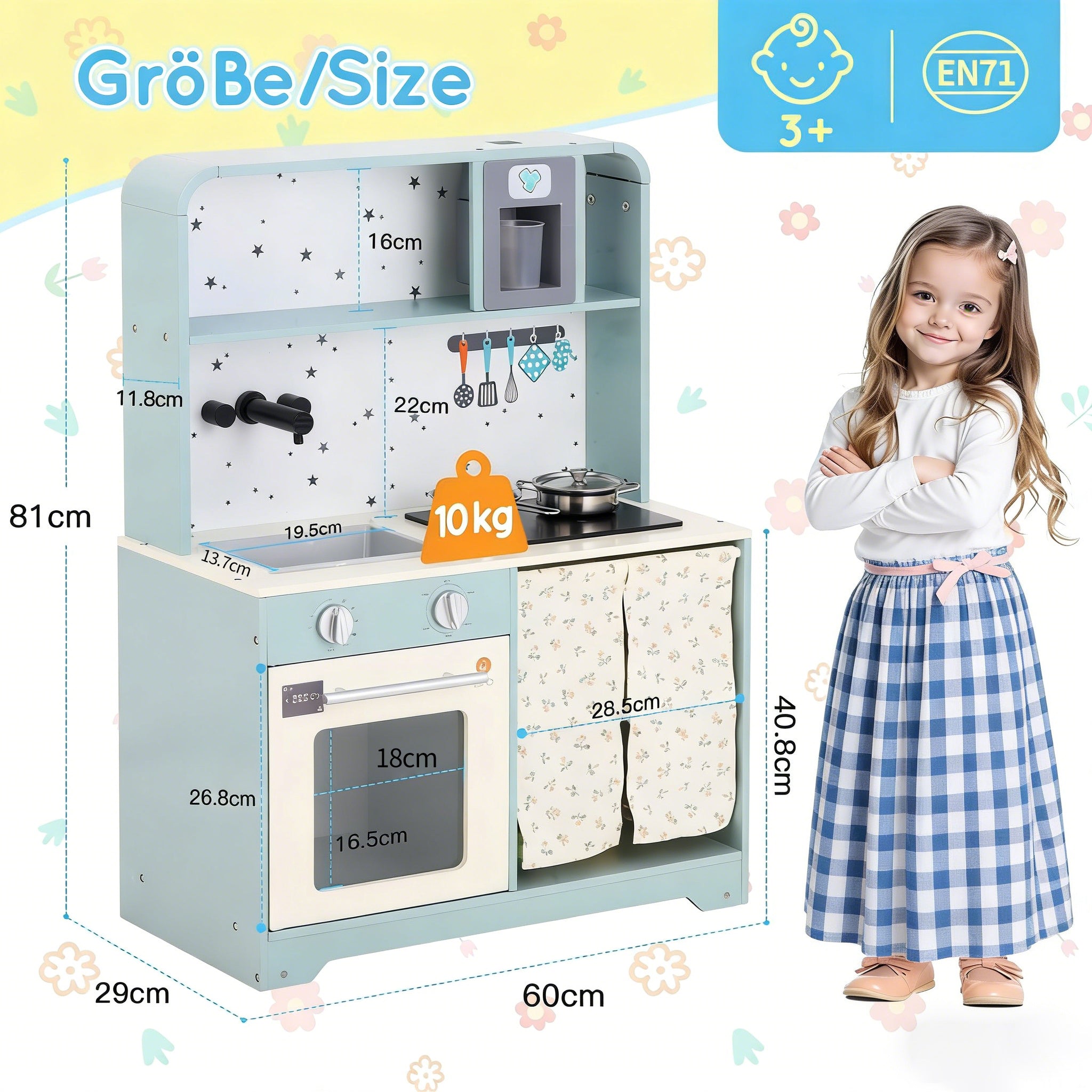 Children's Play Kitchen with Ice Maker and Microwave, Wood and Plastic, Blue
