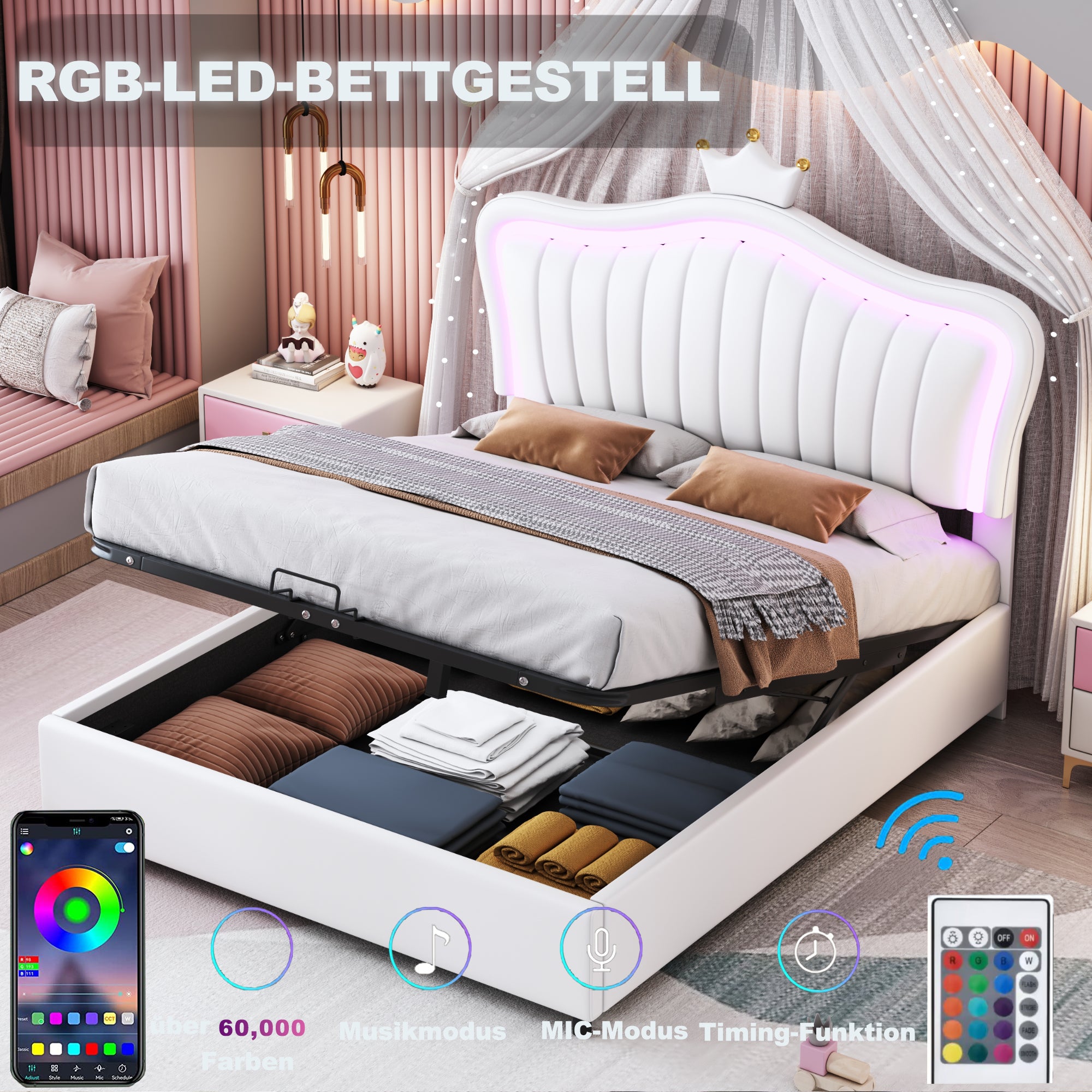 Children's Bed, Upholstered Hydraulic Storage with LED Lights, White PU Leather