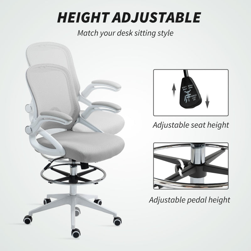 Drafting Chair, Flip-up Armrest Swivel Height Adjustable Mesh Office Stool, Light Grey