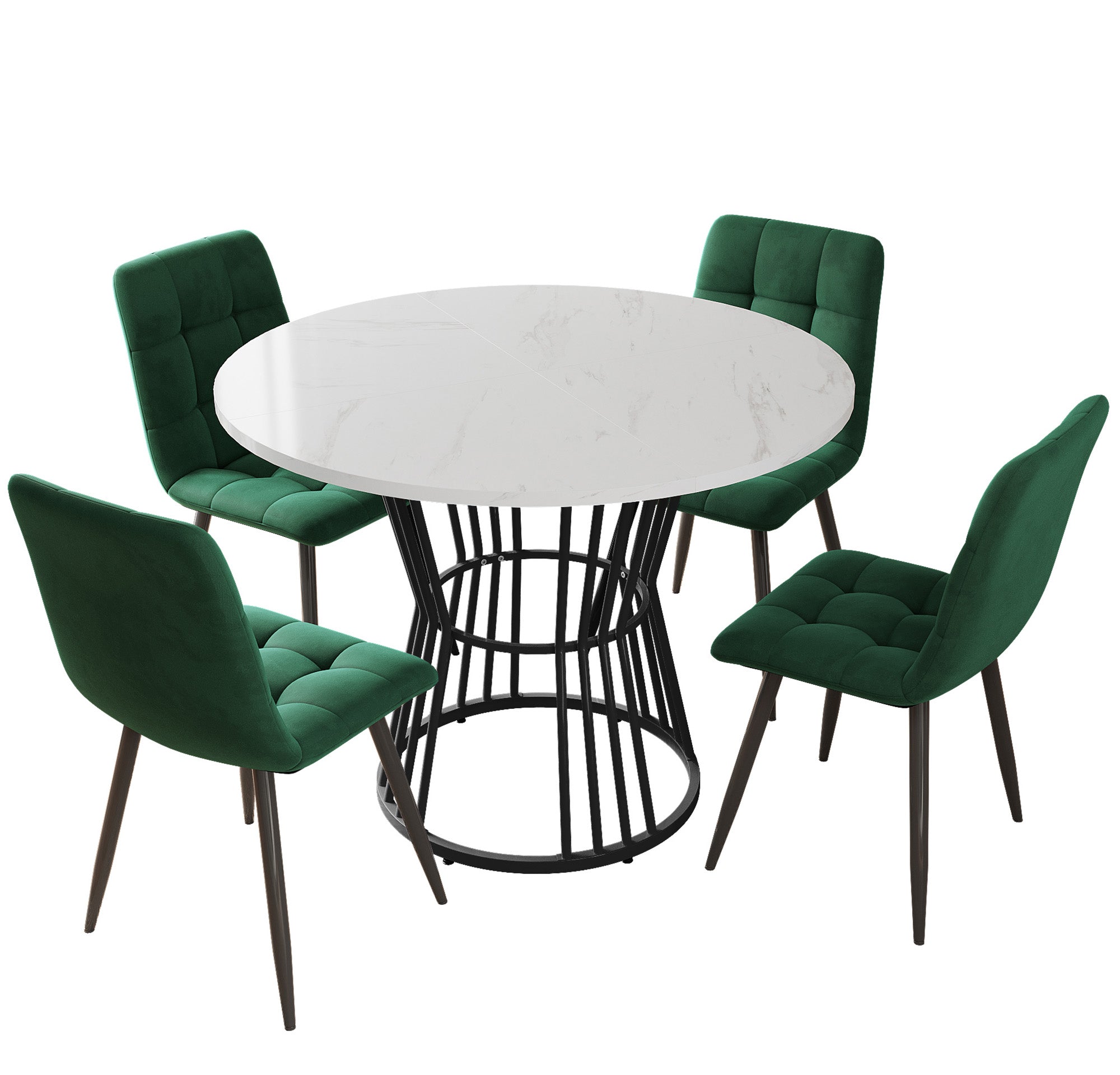 Dining Table Set, 5-Piece Round with 4 Chairs, White MDF & Green Velvet