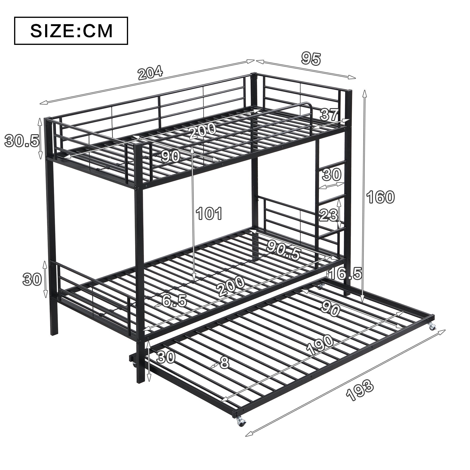Iron Bunk Bed Pull-out Bed 4 Side Rails 90x200cm & 90x190cm, Black Metal