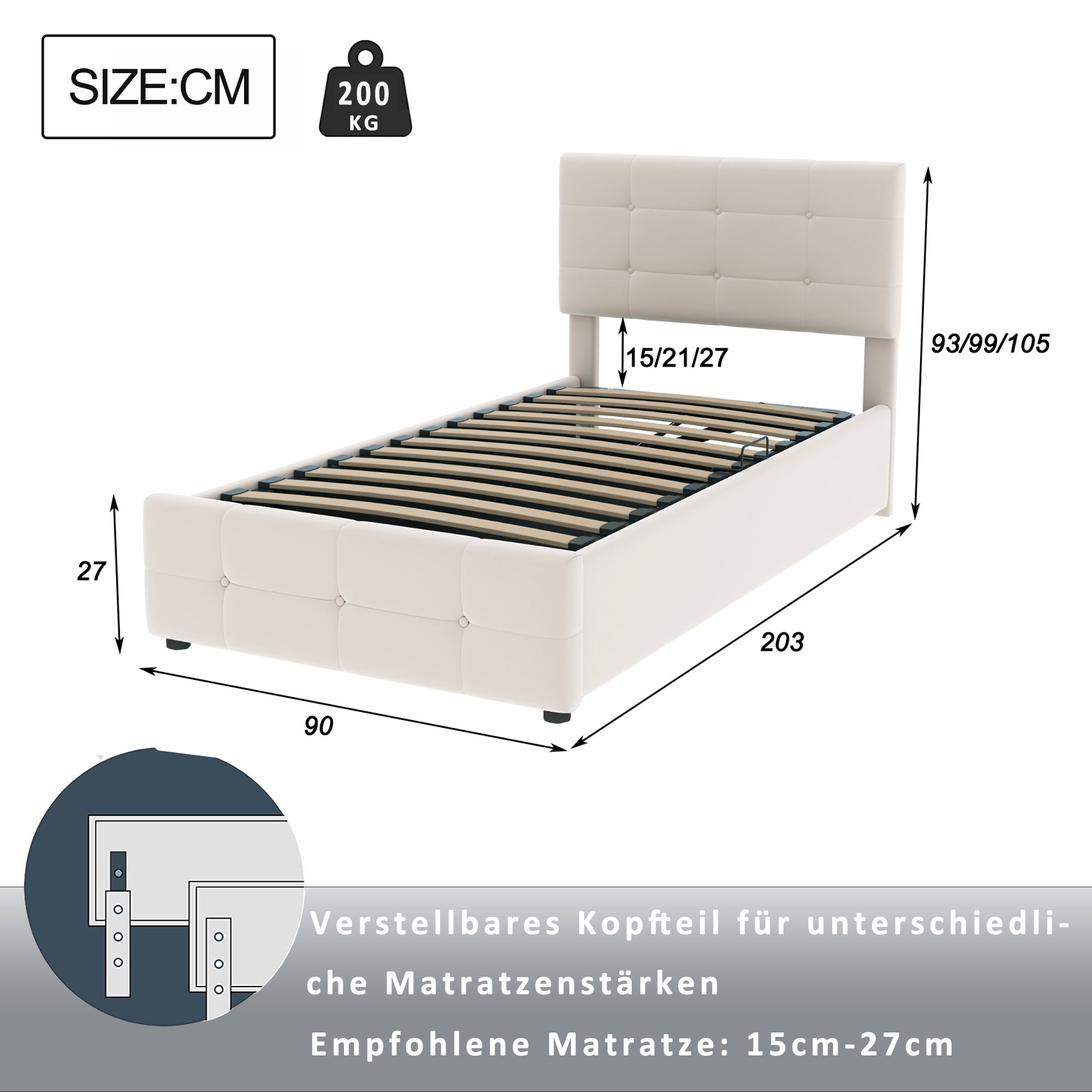 Upholstered Children's Bed 90x200cm, Hydraulic Storage, Adjustable Headboard, Velvet Beige