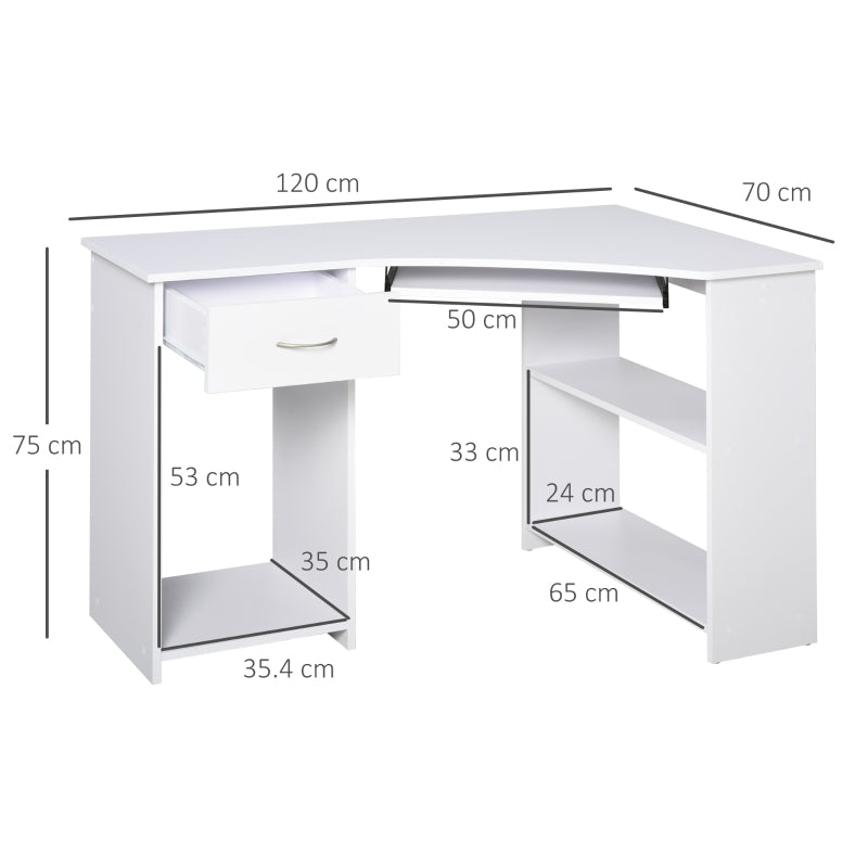 L-Shaped Corner Computer Desk with 2 Shelves, Keyboard Tray, and CPU Stand - White