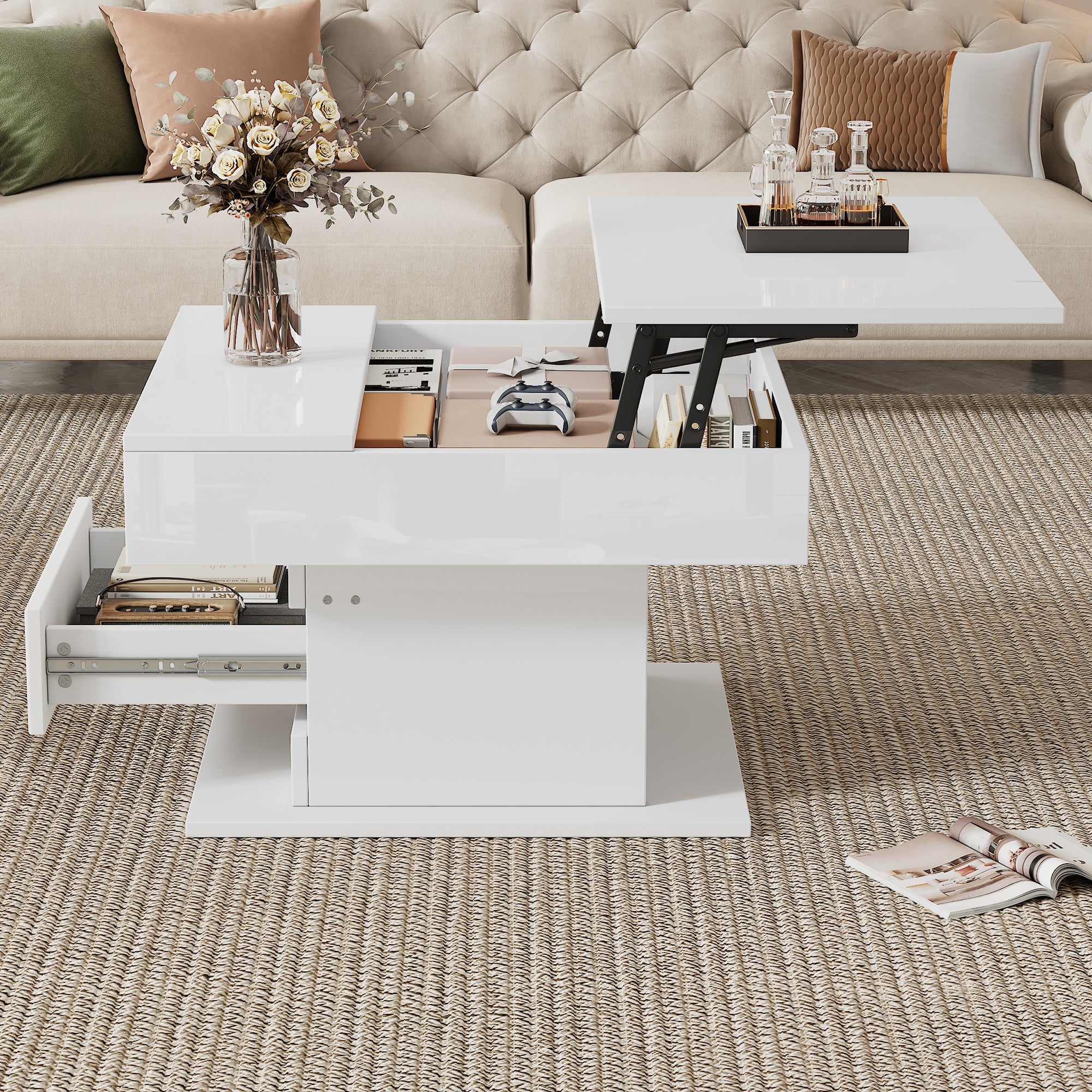 Coffee Table Geometric Lift-Up 360° Swivel Top 1 Drawer Hidden Storage - High-Gloss White