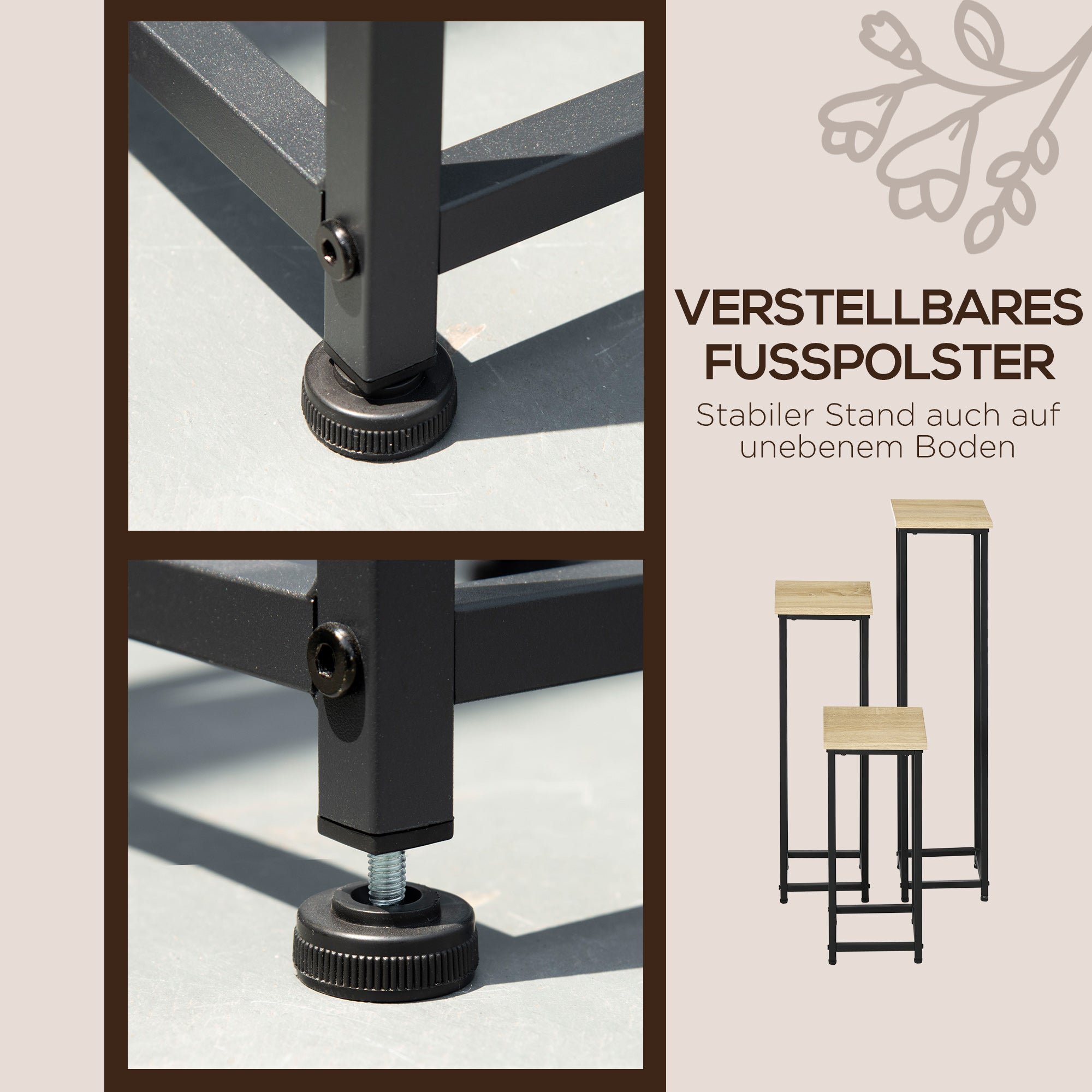 Plant Stand Set 3-piece Flower Stool & Flower Pot Holder Steel Black and Natural