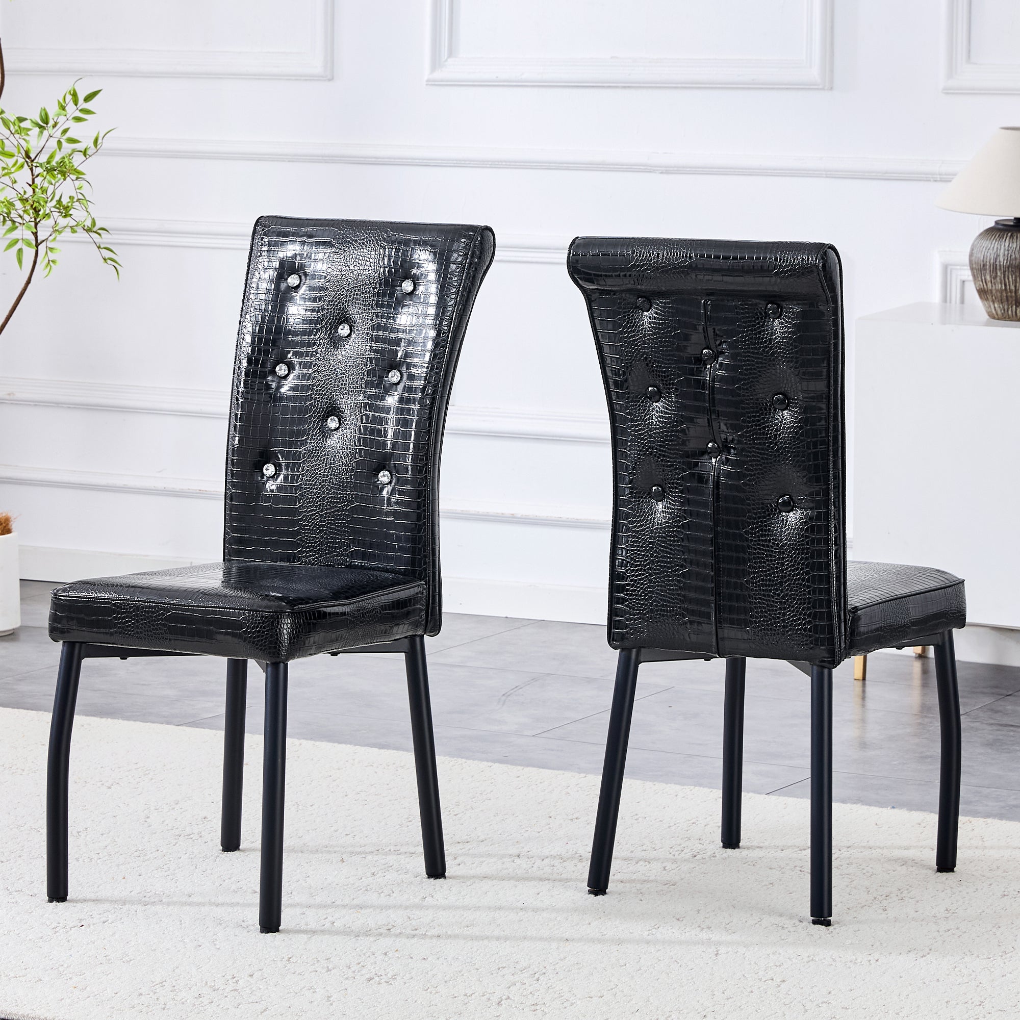 2 Dining Chairs Vintage Crocodile Faux Leather Crystal Clasp - Black