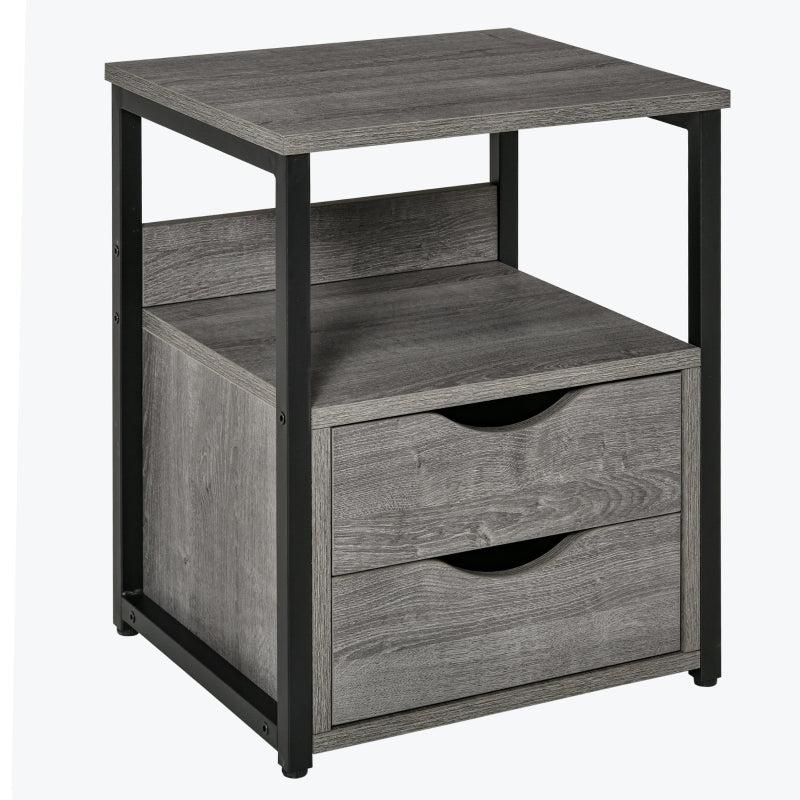 Industrial Side Table Slim Nightstand with Drawer and Storage Shelf, Grey