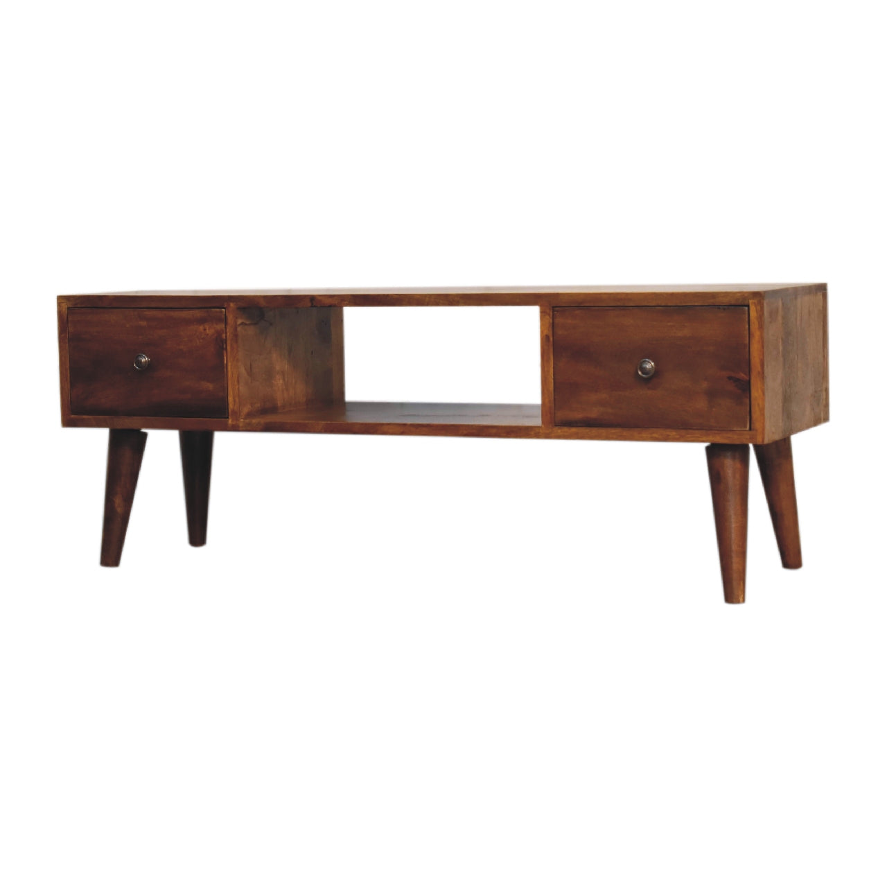 Classic Chestnut Coffee Table, 2 Drawers & Open Slot, Solid Wood Dark Brown
