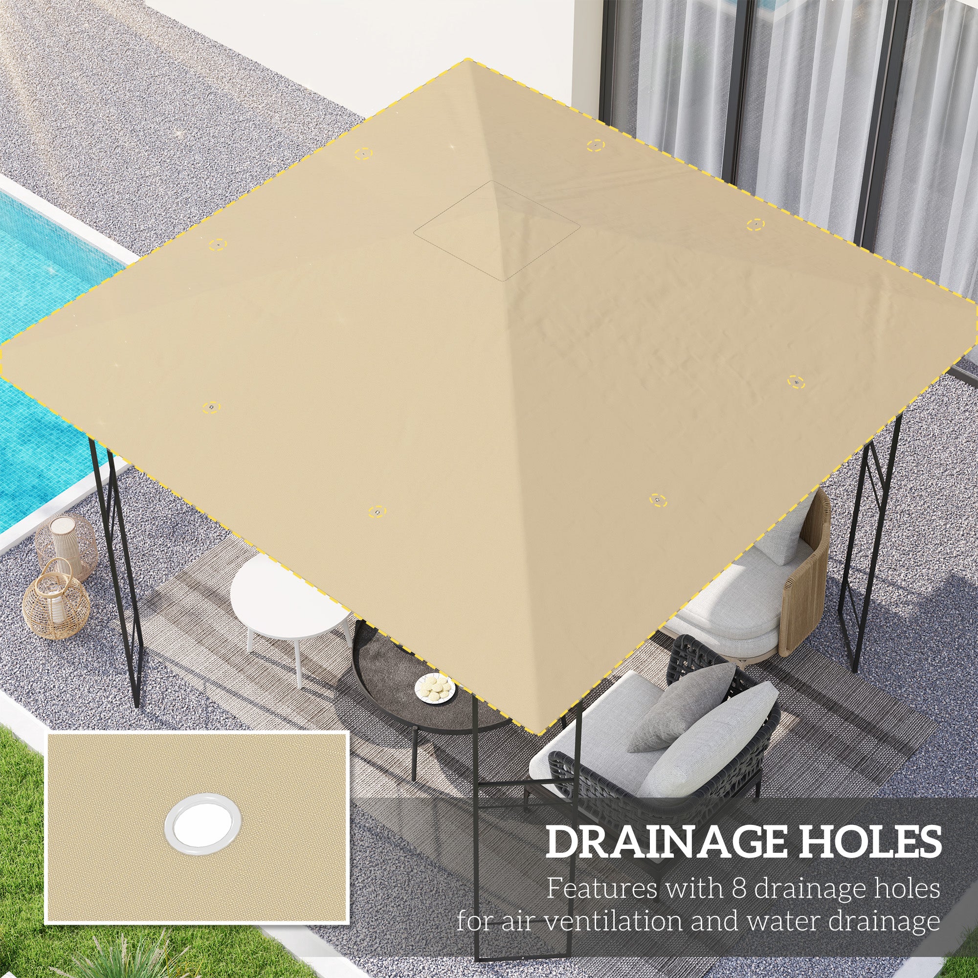 Gazebo Canopy Replacement Cover 3x3m Drain Holes Water Resistant Beige