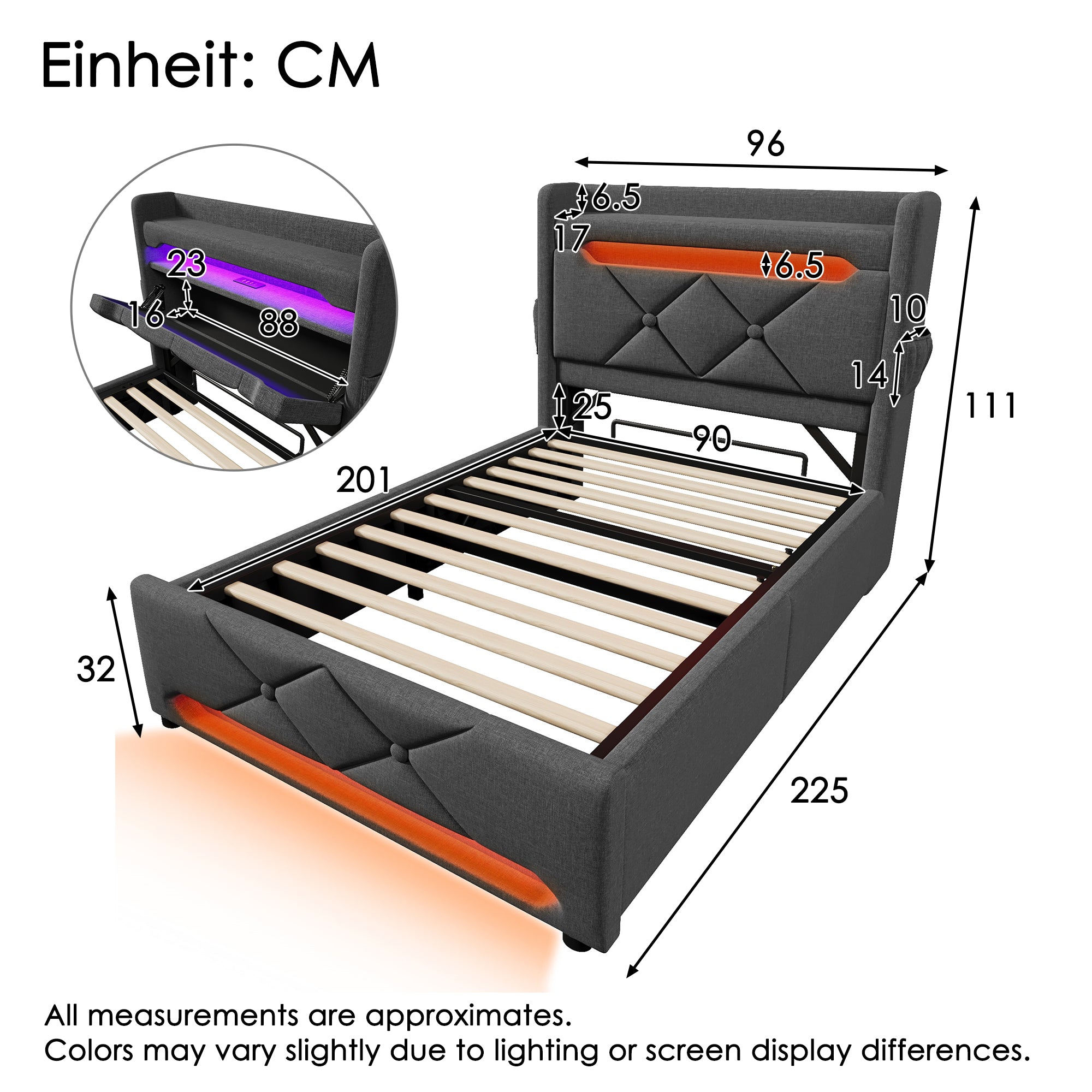 Upholstered Single Bed, 90x200, USB & Type-C Port, 360 LED, Hydraulic Storage, Gray Linen