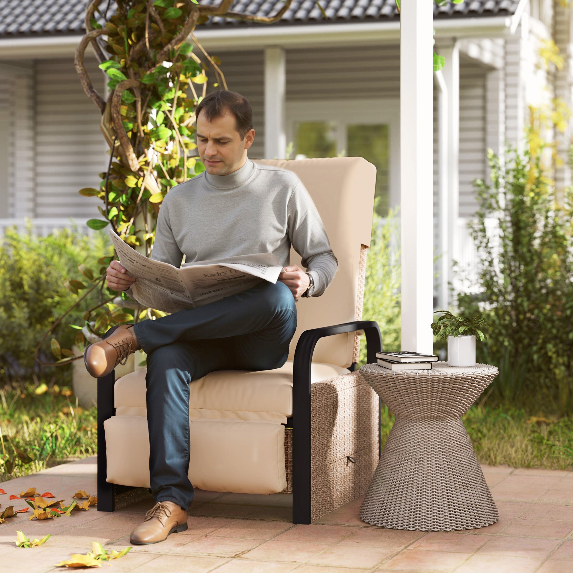 Reclining Armchair, 140° Adjustable Rattan, Brown/Khaki