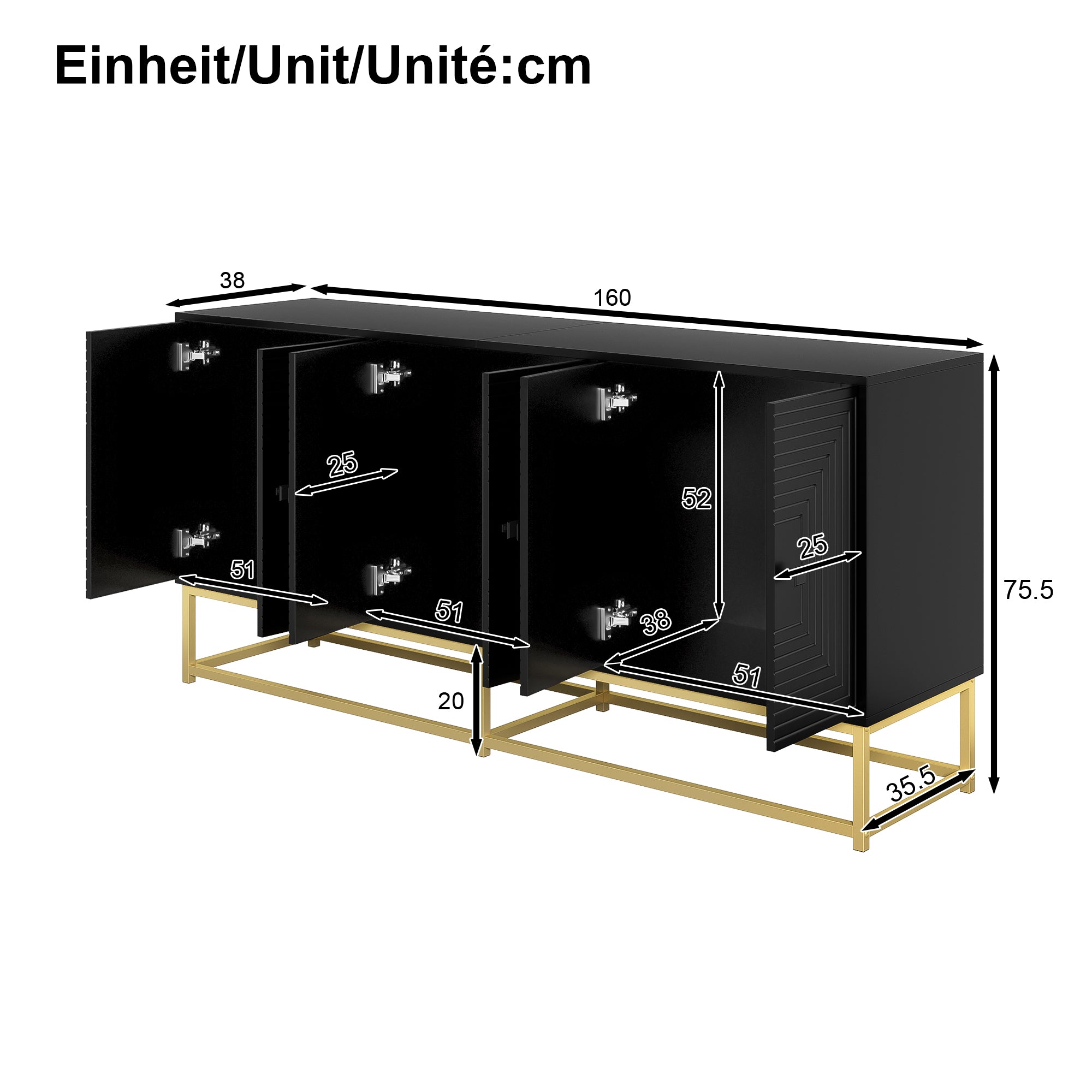 Storage Cabinet Sideboard with 3 Double Doors, Large Storage, Matte Black