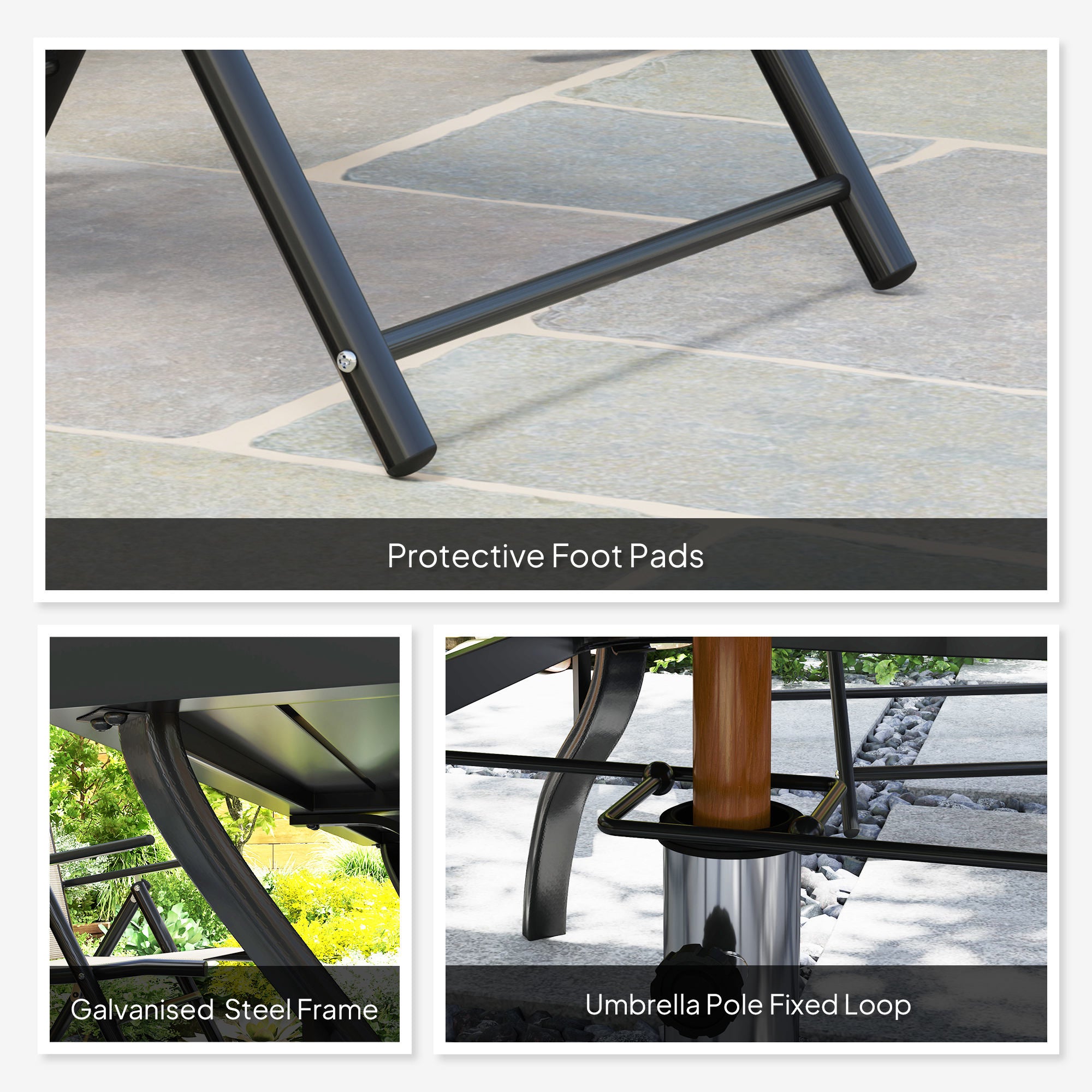 Seven-Piece Dining Set with Parasol Hole, Steel Khaki