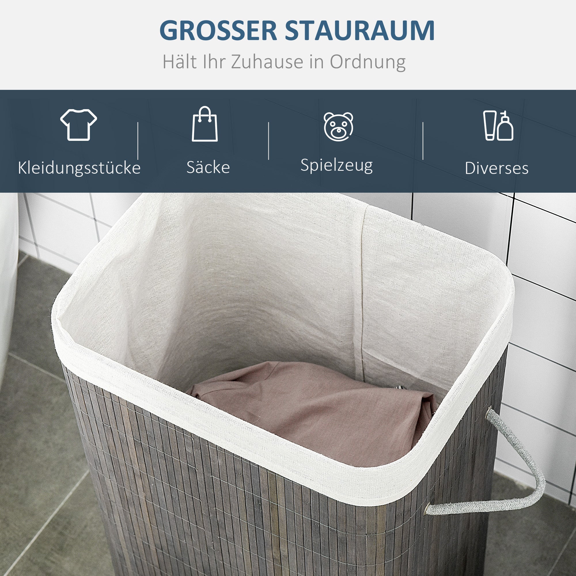 Bamboo Laundry Basket 83L with Lid, Handles, Removable Bag, Gray