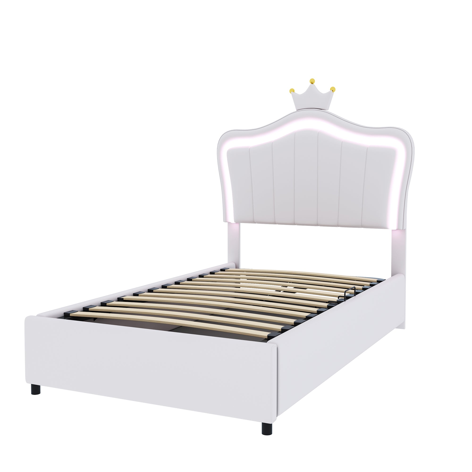 Upholstered Children's Bed 90x200 cm, Crown Design, LED Lighting, Hydraulic Storage, White Artificial Leather