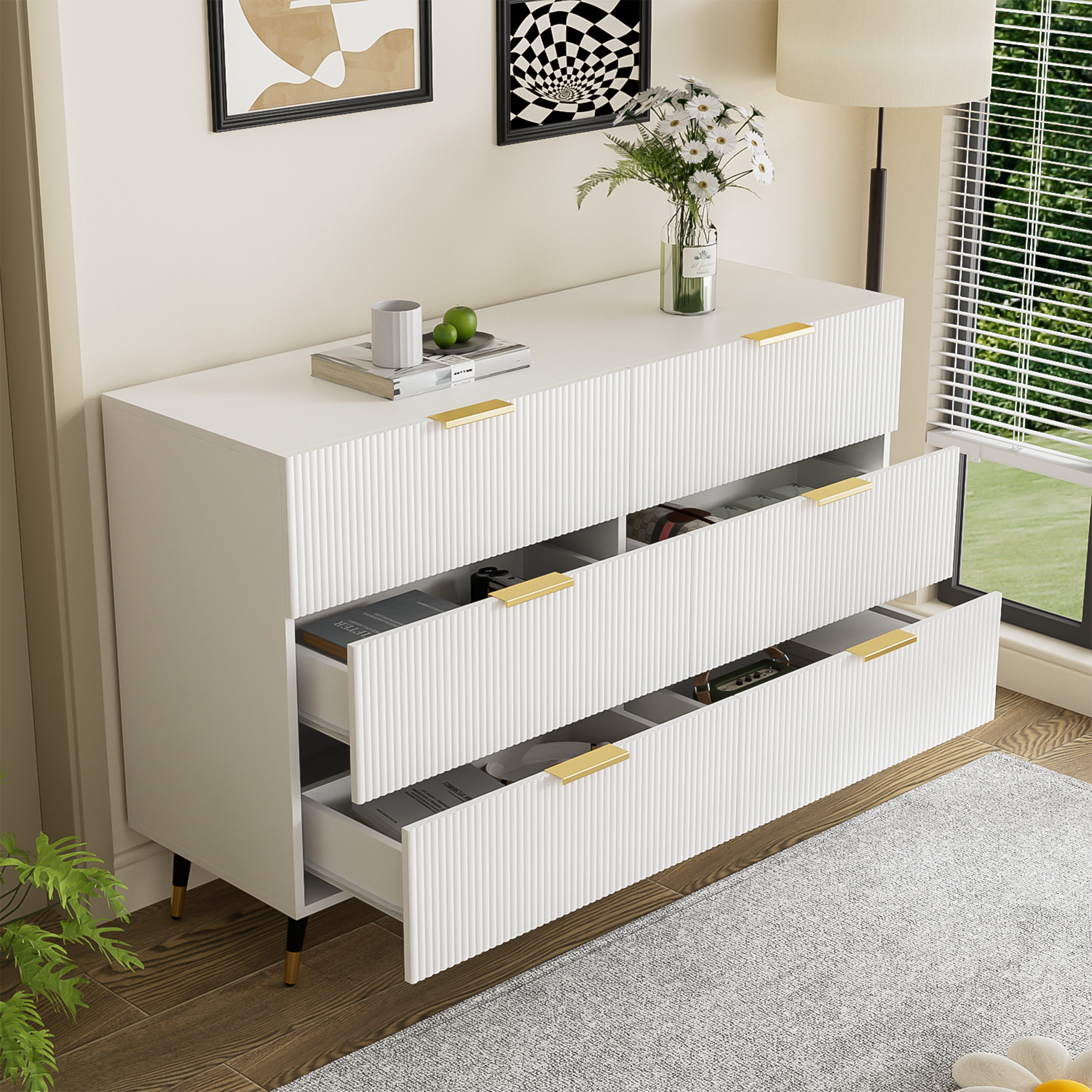 Sideboard, Modern Design Chest of Drawers, Wood, White and Gold