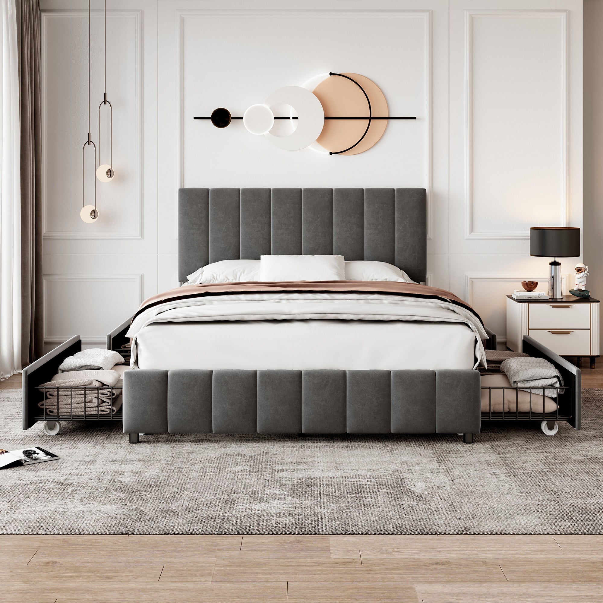 4ft6 Double Upholstered Bed with 4 Storage Drawers, Adjustable Channel Tufted Headboard, Grey Velvet