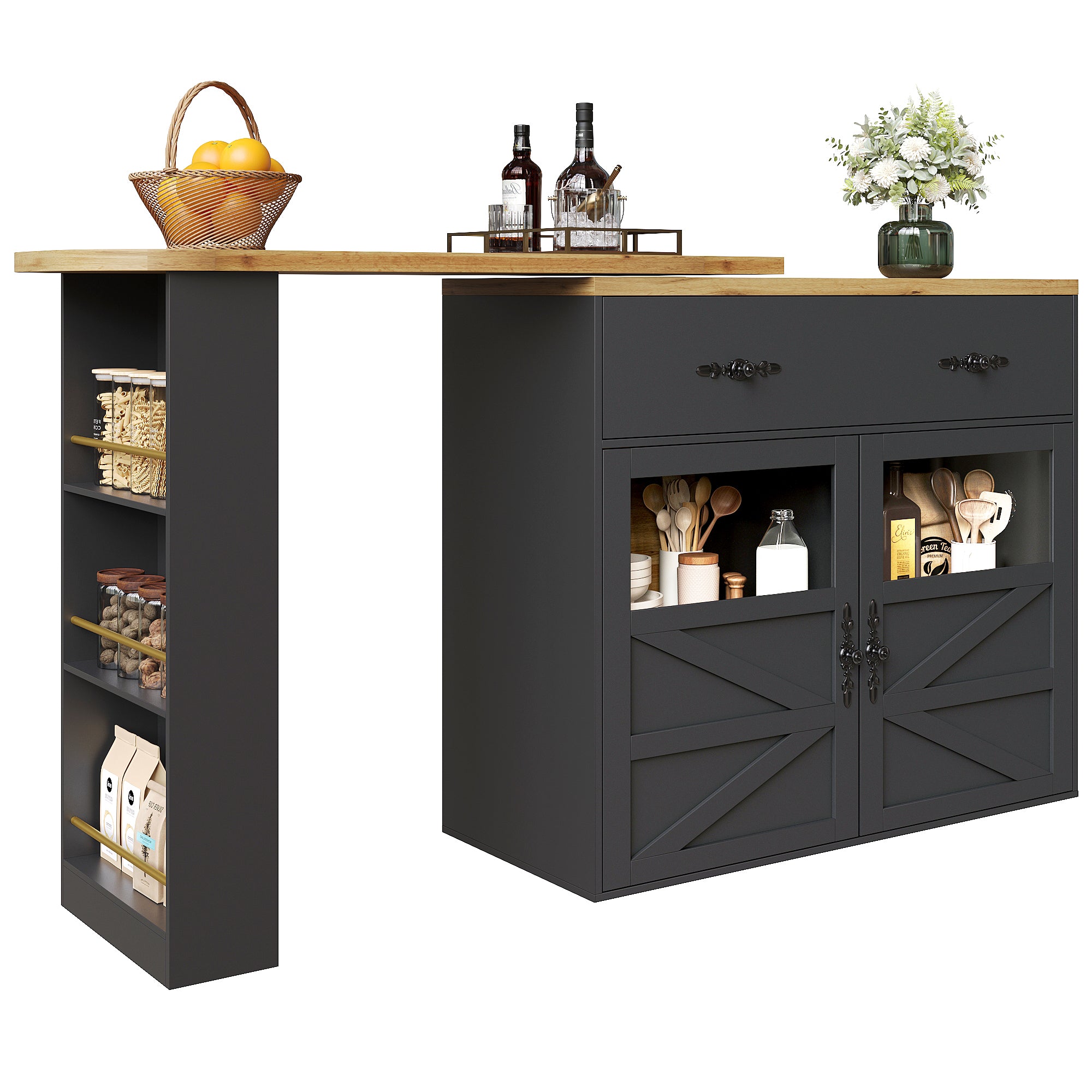 Bar Table Extendable 360° Rotating Storage Sideboard - Black