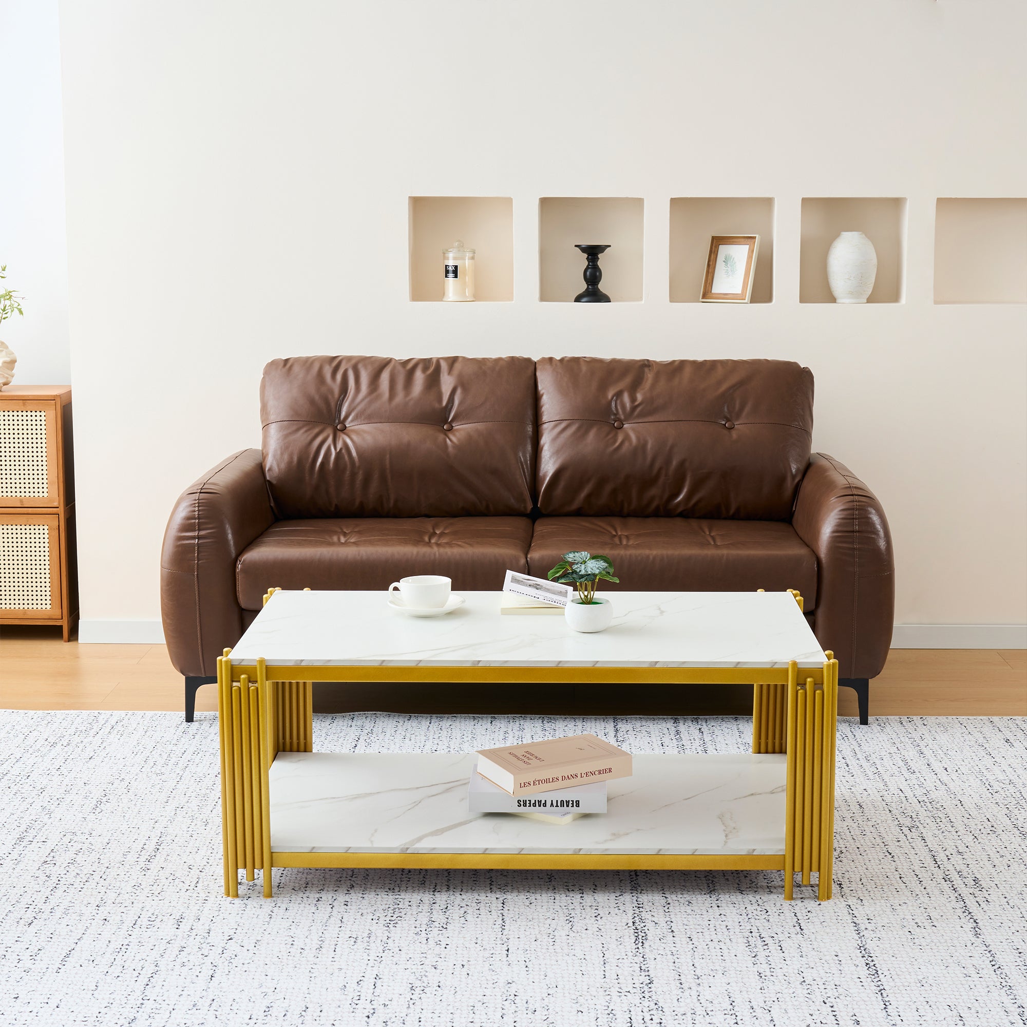 Coffee Table Rectangular Marble Effect Metal Legs - White/Gold