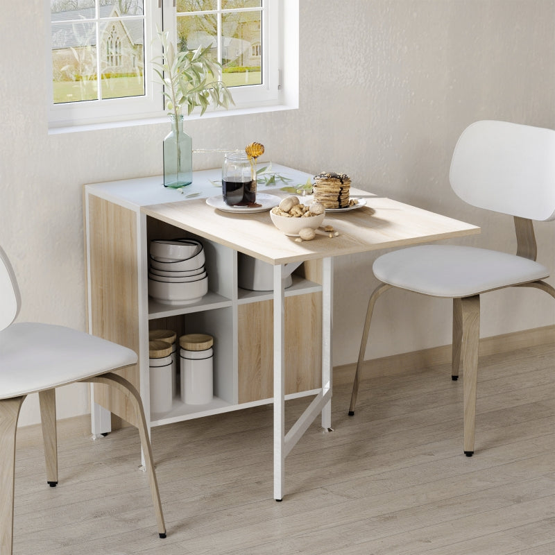 Foldable Drop Leaf Dining Table with Storage Shelves Cubes, Oak & White