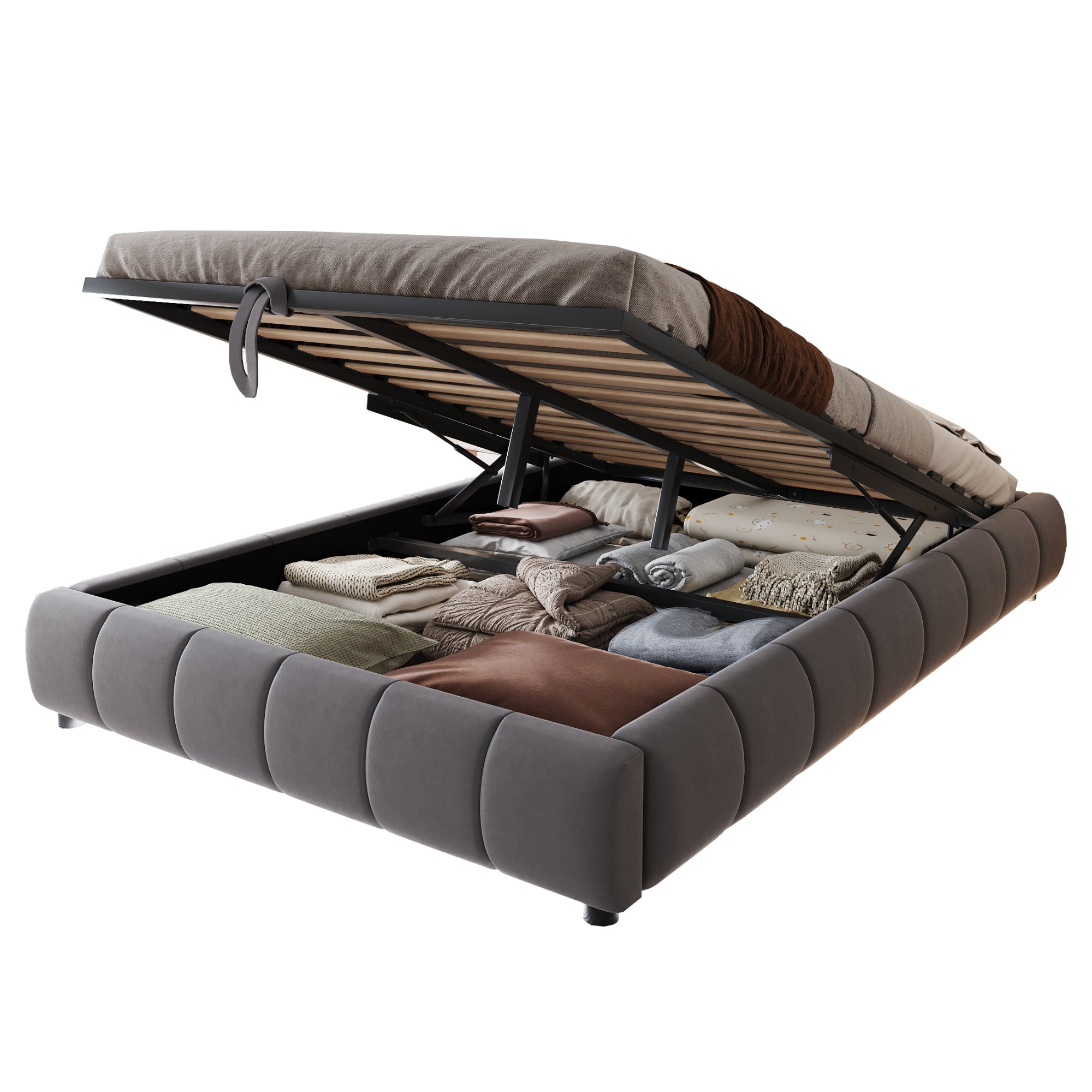 Upholstered Bed, 140x200cm LED Floating with Storage, Grey