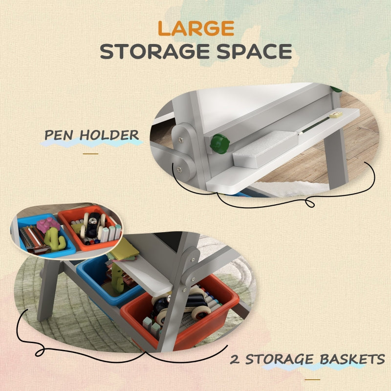 Art Easel for Kids, Double-Sided Chalkboard Whiteboard with Paper Roll, Grey Pine