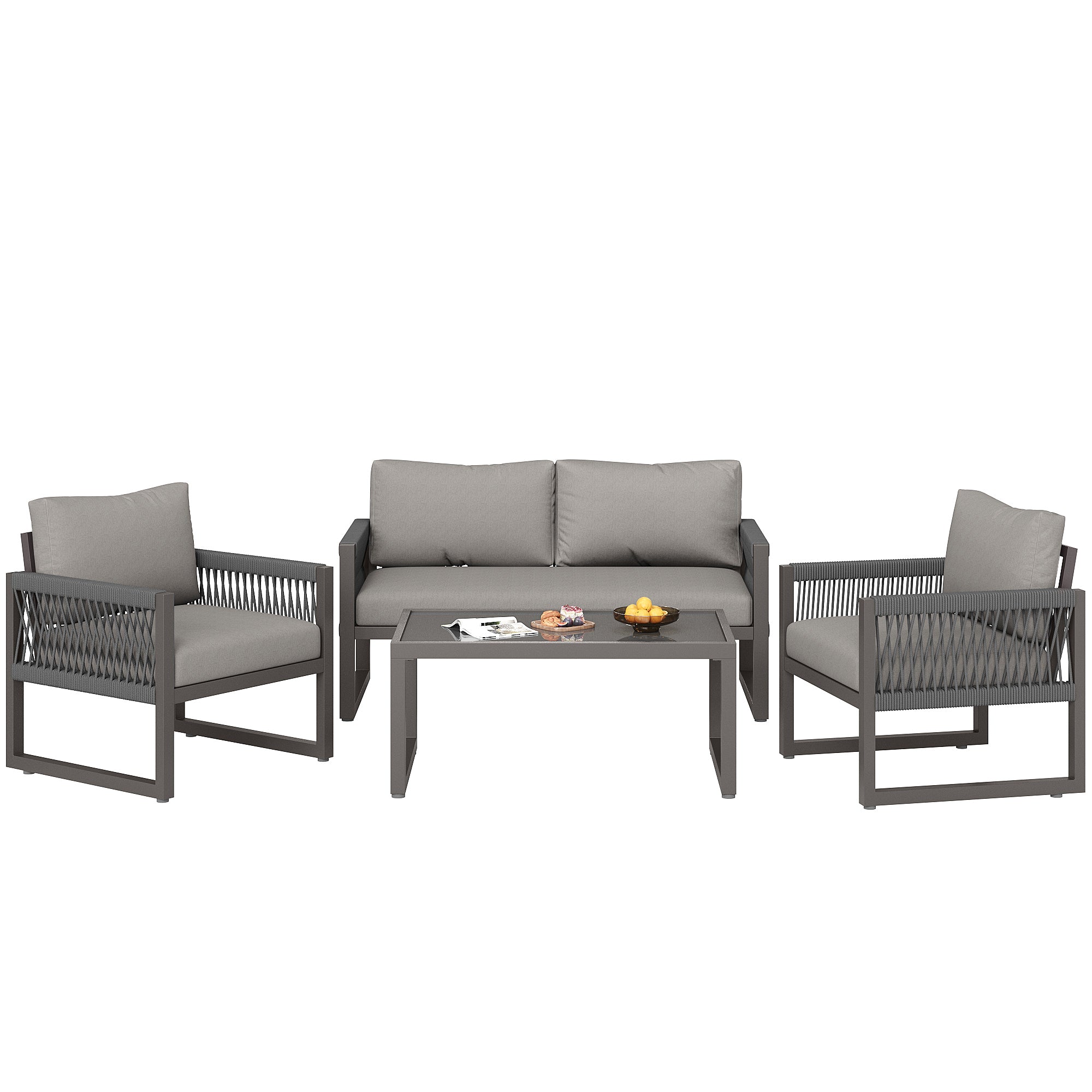 Garden Lounge Set 4-Piece Rope Glass Top - Grey