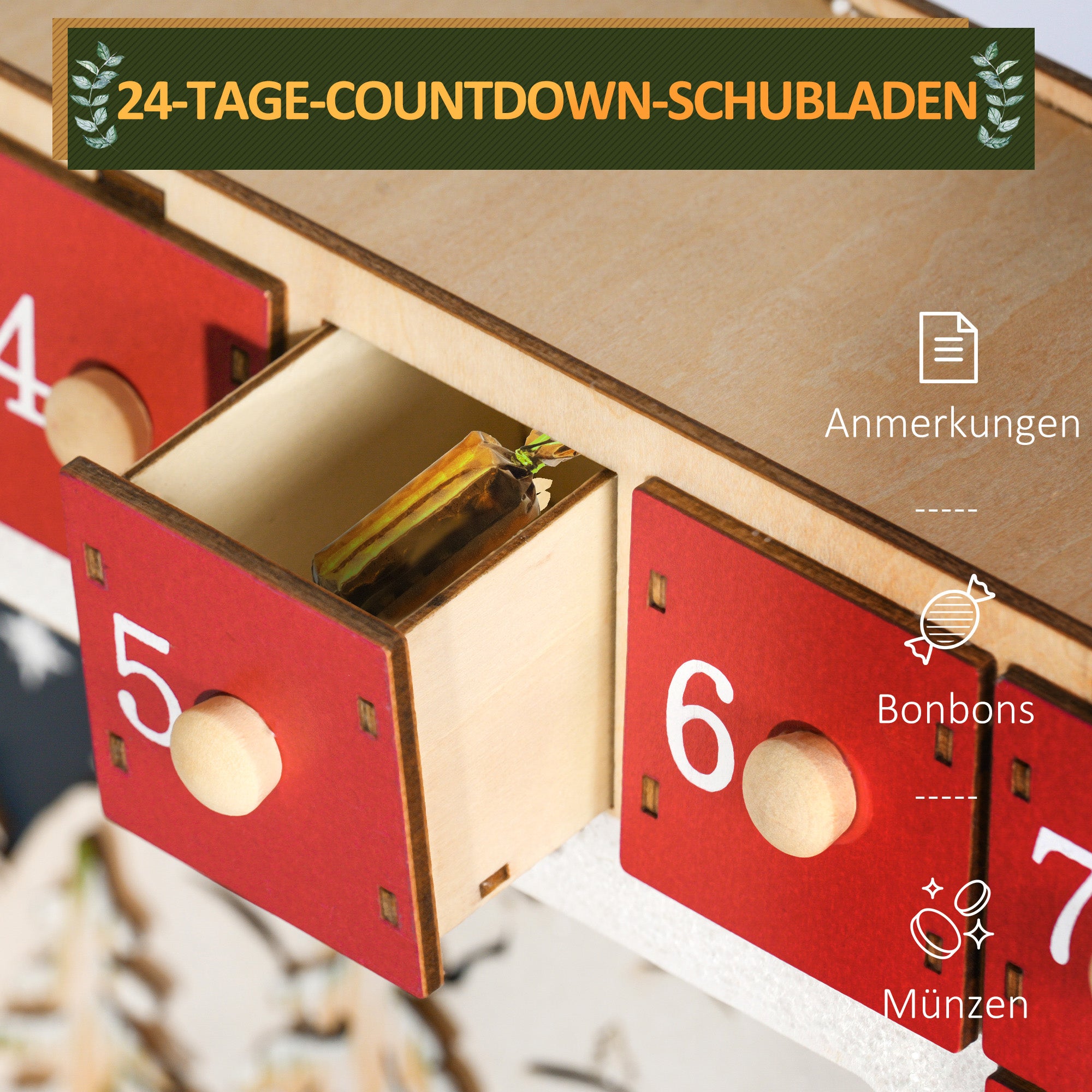 Advent Calendar, 24 Drawers with LED Lights, Red MDF