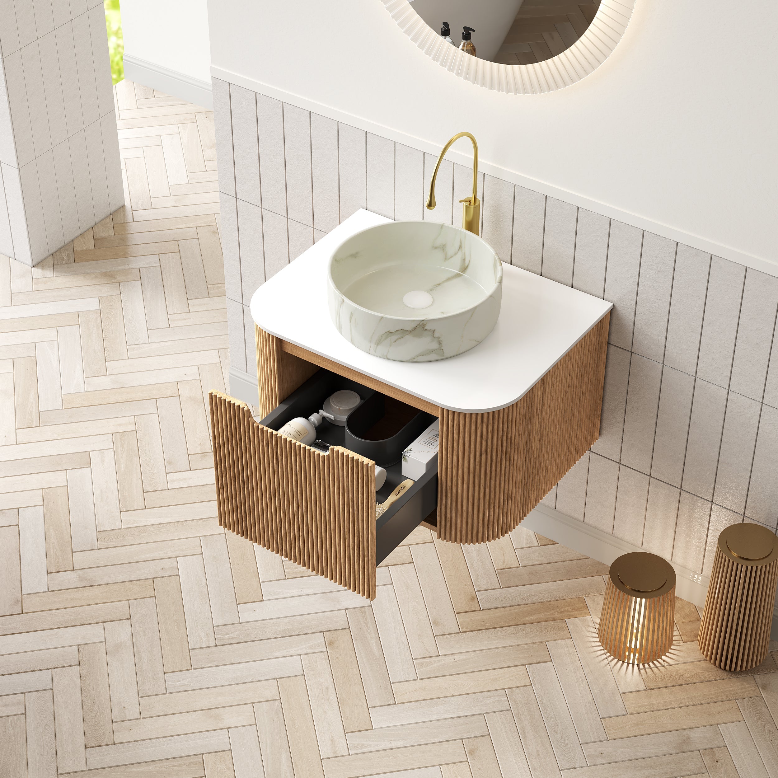 DINA 61cm Wall-Mounted Bathroom Vanity Unit with Ceramic Basin, Plywood, Natural Wood