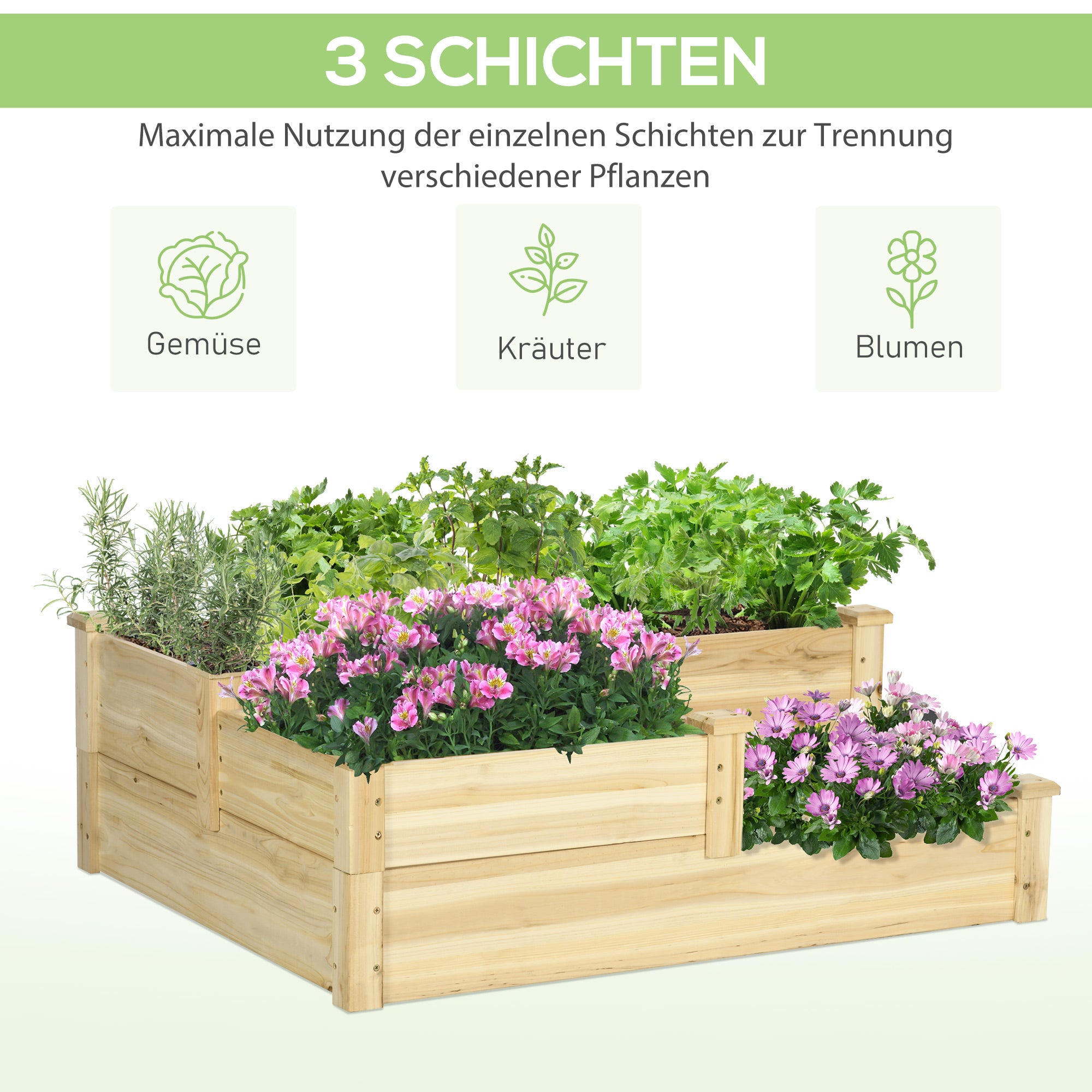 Raised Garden Bed 3-Tier Planter, Fir Wood, Natural Color