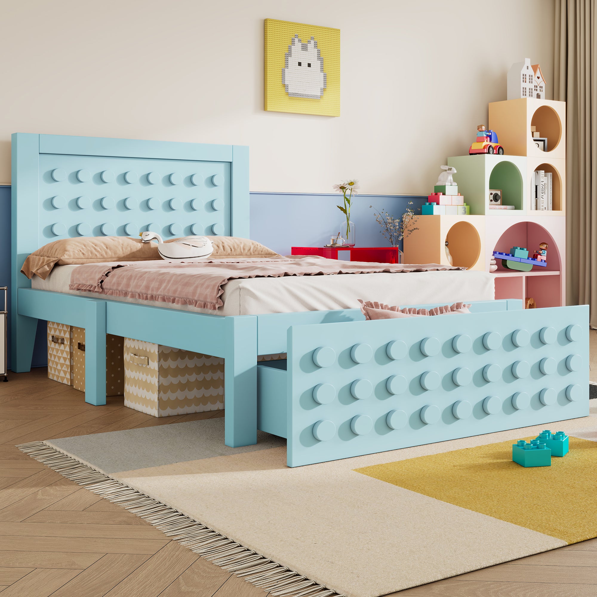 Single Bed, 90x200cm Creative Block Design, Solid Wood