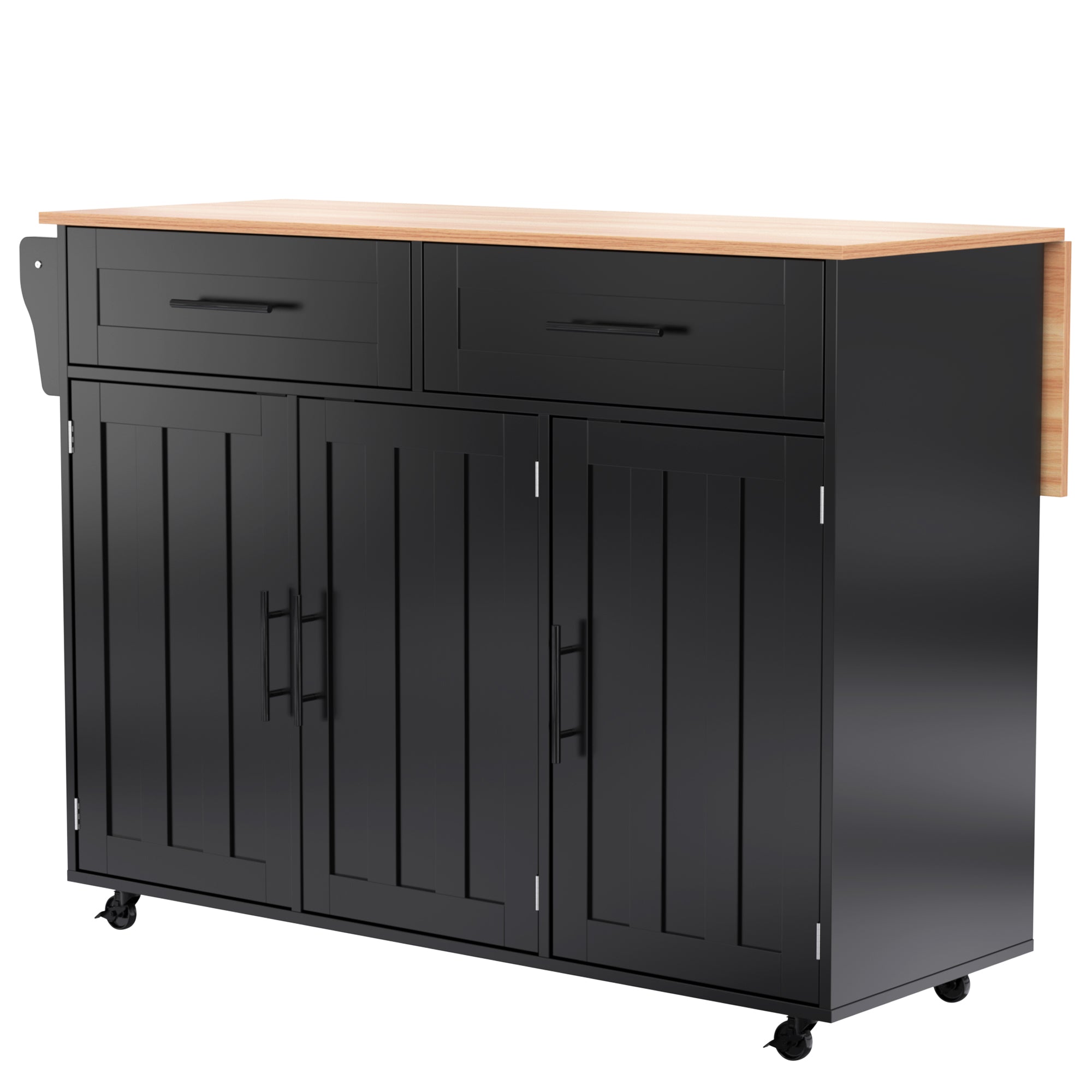 Kitchen Trolley with Foldable Extension and Storage Drawers, Black and Light Wood Look