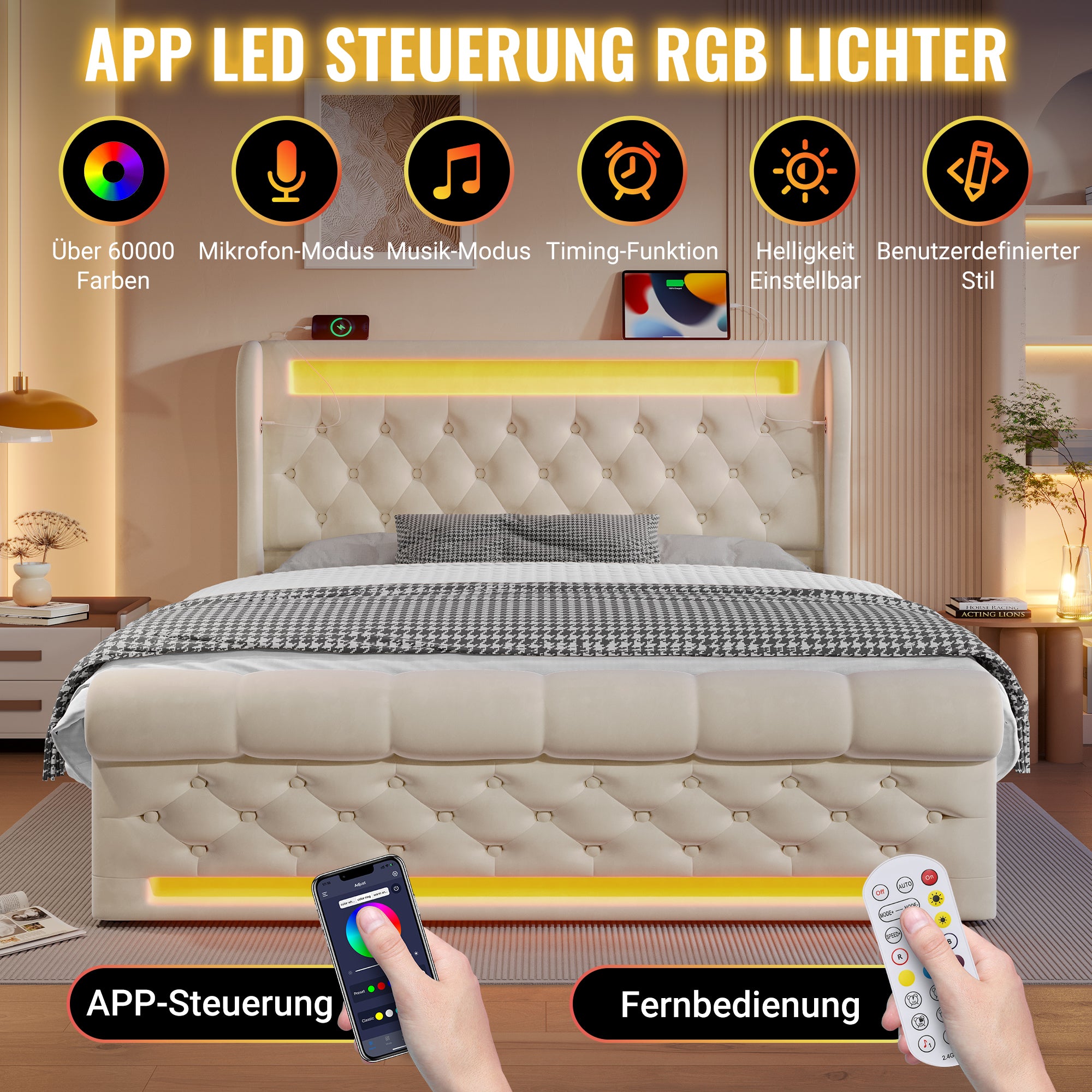 Upholstered Double Bed, 140x200cm LED with Storage Headboard USB/Type-C, Hydraulic Lift, Beige Velvet