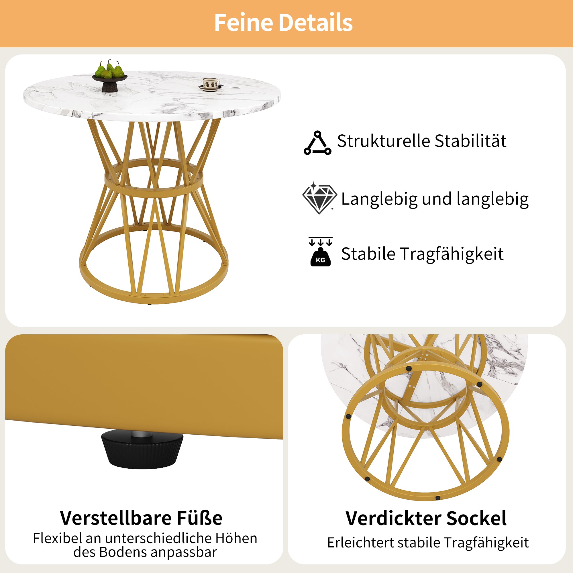 Round Dining Table 100cm 4-Seater MDF Marble Top Gold