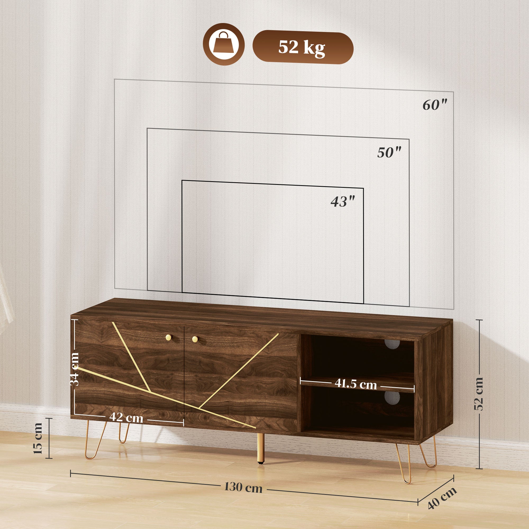 TV Stand Cabinet, Modern 130cm with Adjustable Shelves, Hairpin Legs, Double Door, Brown