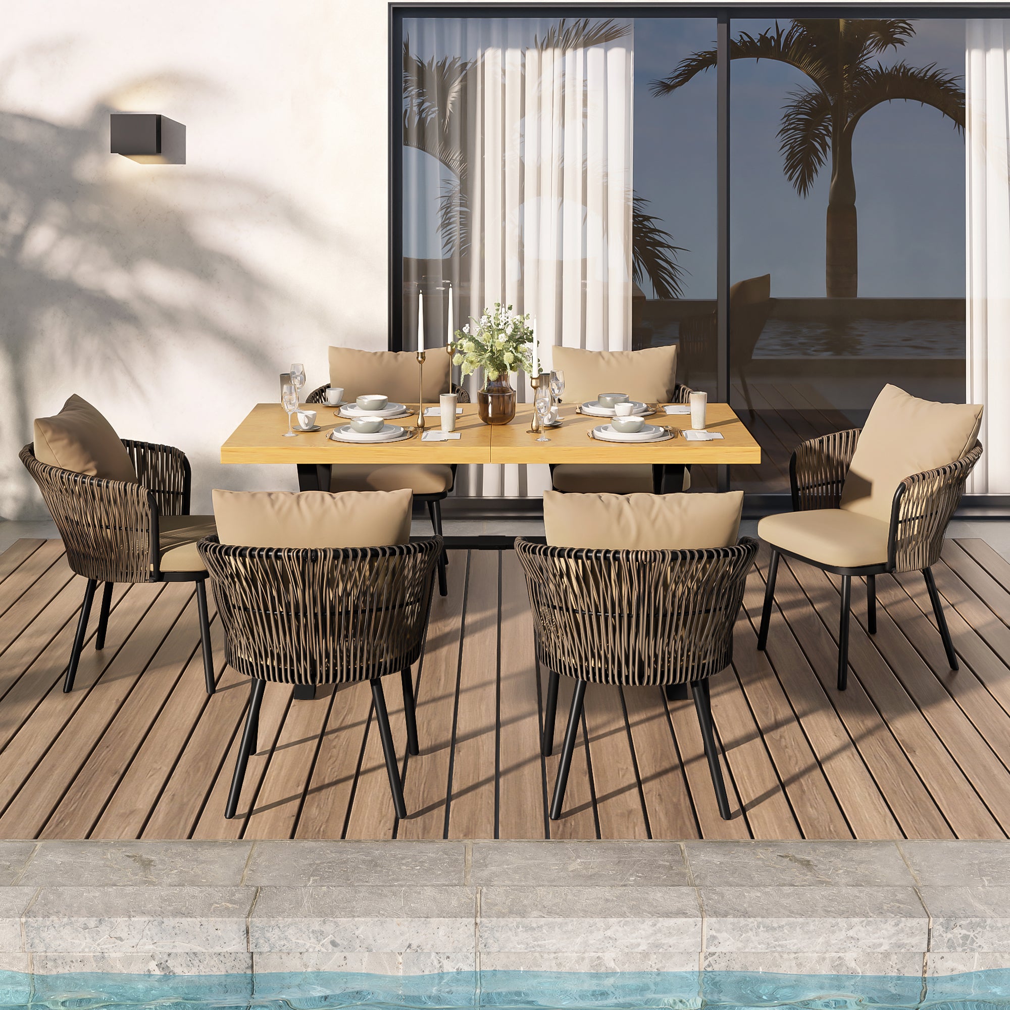 Modern Outdoor Dining Set with Seat Cushions, Rattan and Iron Frame