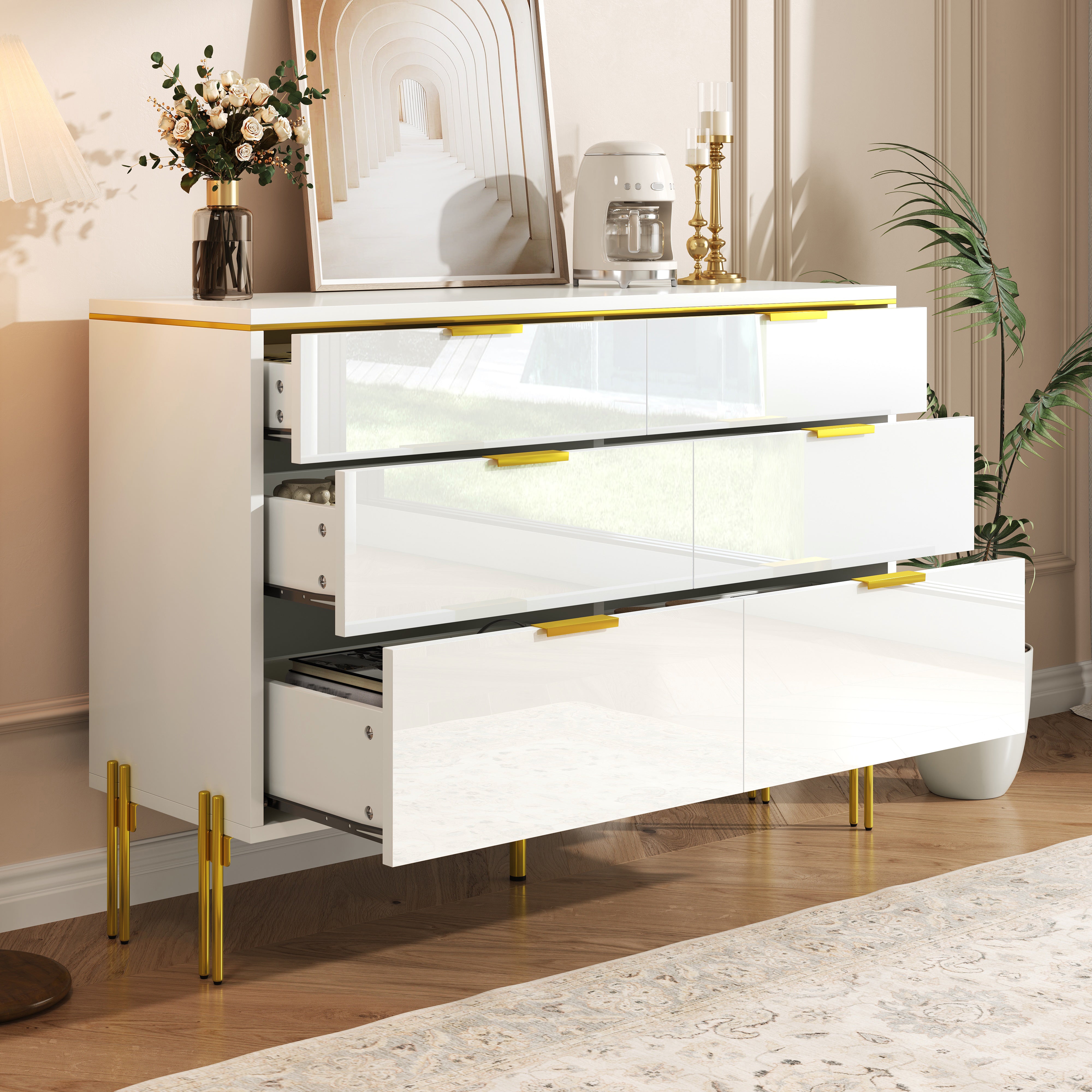 Modern Sideboard Cabinet 6 Drawers Large Storage High-Gloss White and Gold